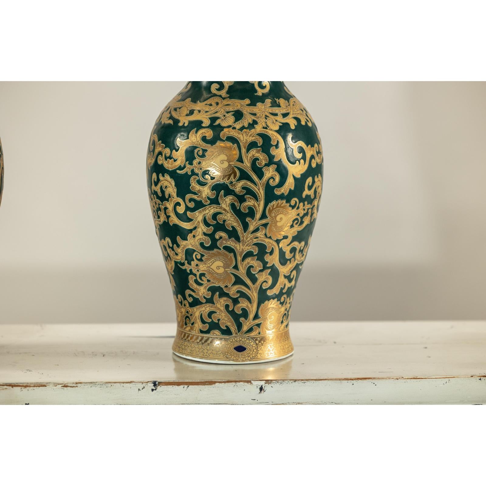 Pair of Green and Gold Porcelain Vases with Foliage Scrollwork-8. Asian &amp; Chinese Furniture, Art, Antiques, Vintage Home Décor for sale at FEA Home