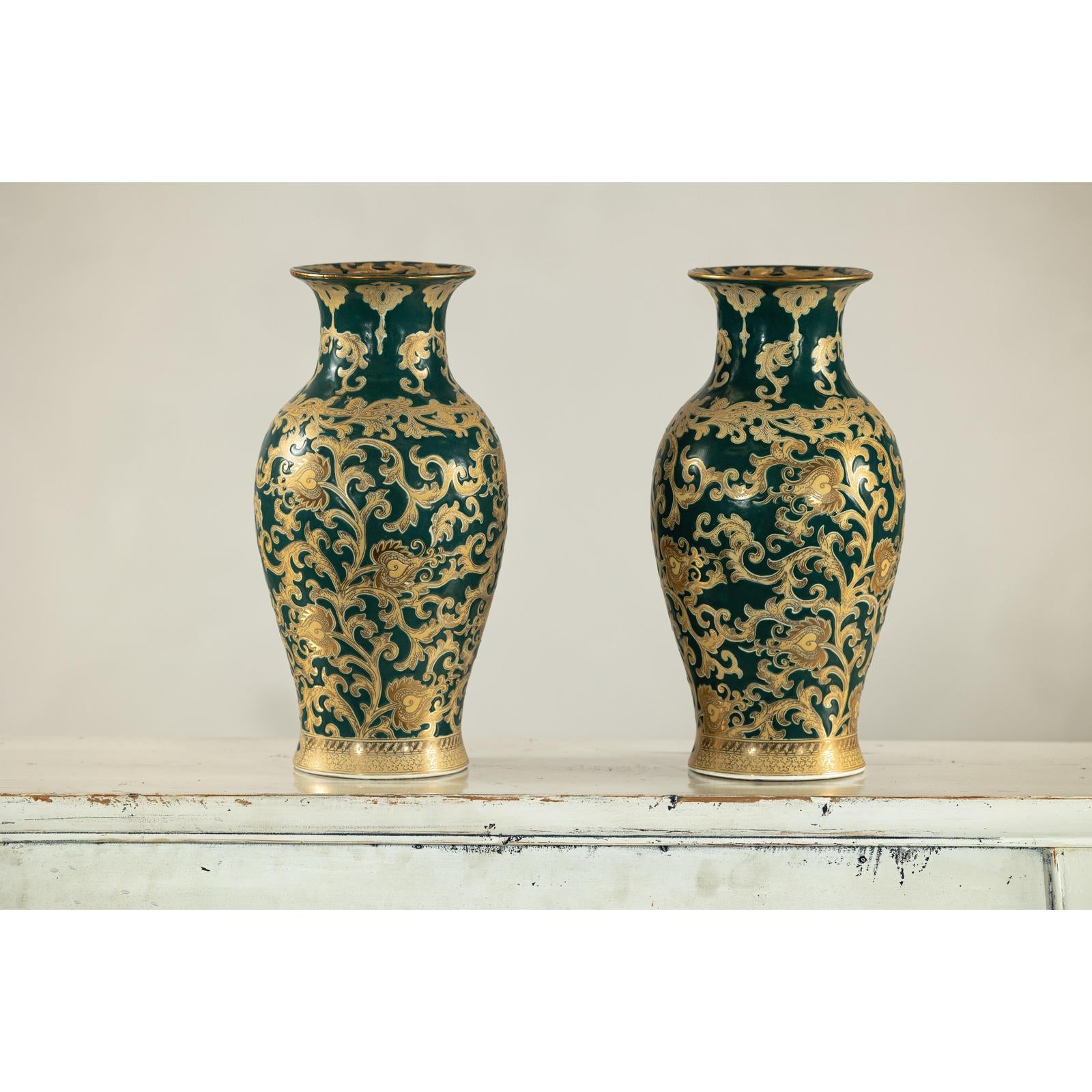 Pair of Green and Gold Porcelain Vases with Foliage Scrollwork-9. Asian &amp; Chinese Furniture, Art, Antiques, Vintage Home Décor for sale at FEA Home