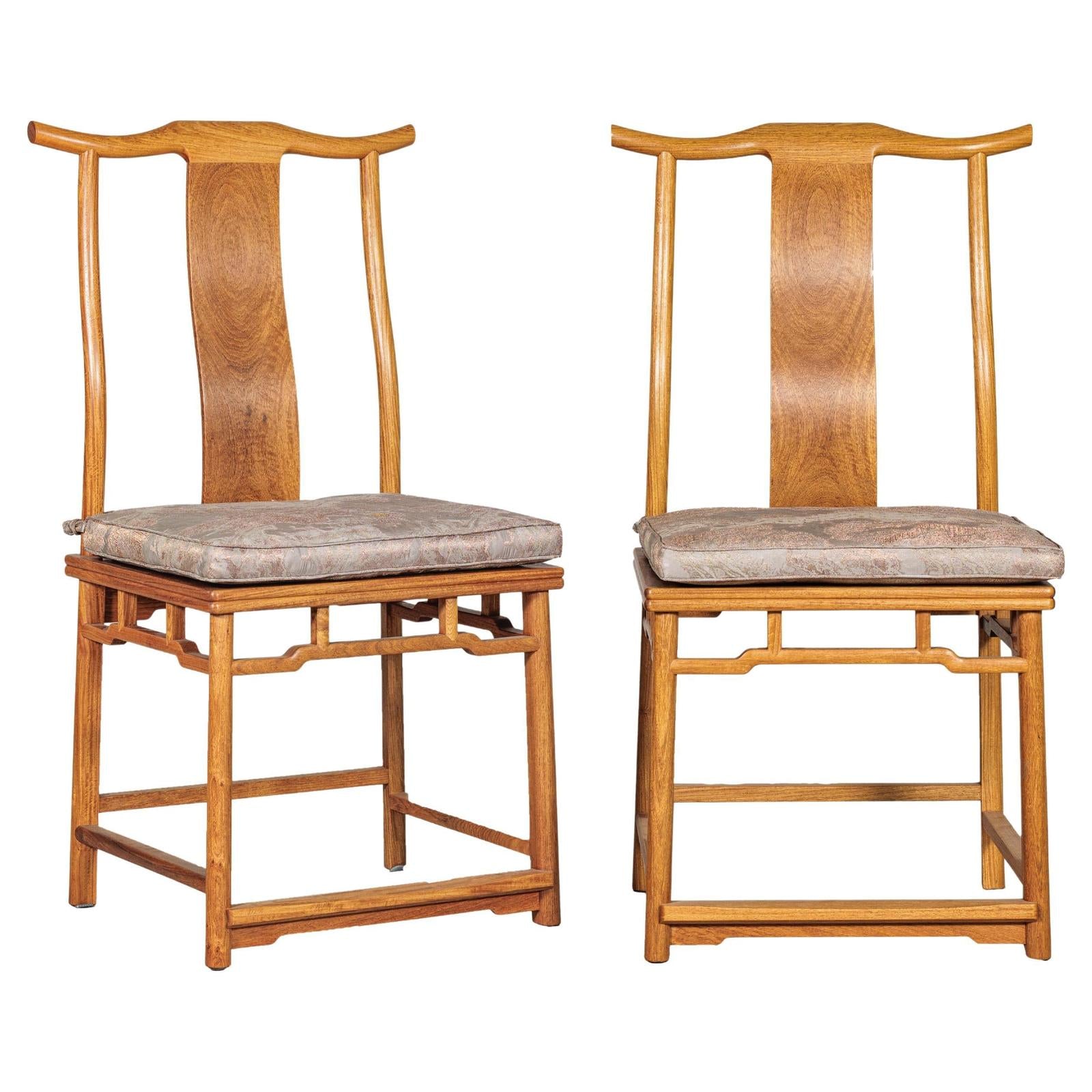 Pair of Lamp Hanger Elm Wood Chairs with Upholstered Cushions-1. Asian & Chinese Furniture, Art, Antiques, Vintage Home Décor for sale at FEA Home
