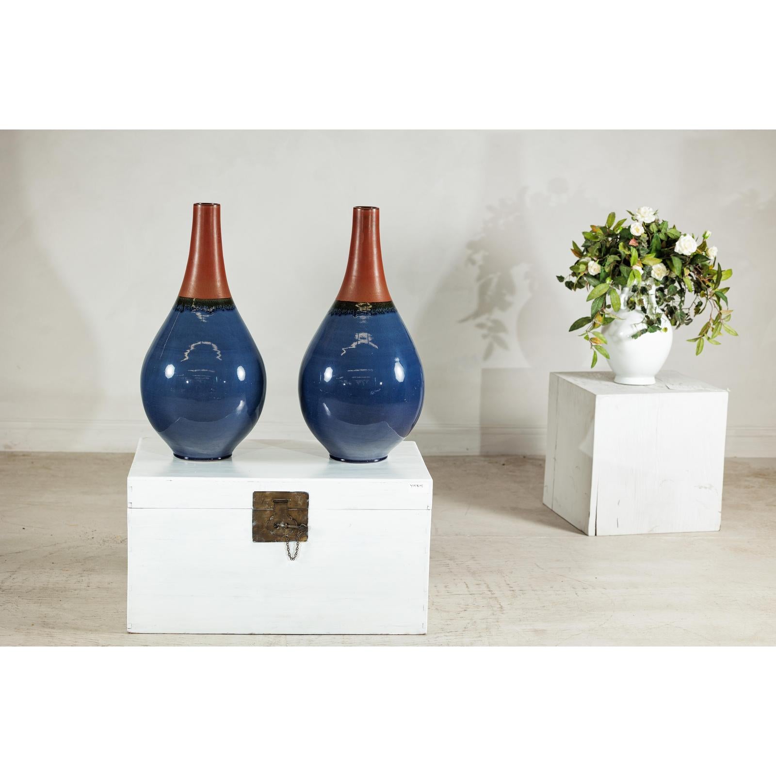 Pair of Large Ceramic Vases, Blue and Terracotta Glaze-2. Asian &amp; Chinese Furniture, Art, Antiques, Vintage Home Décor for sale at FEA Home