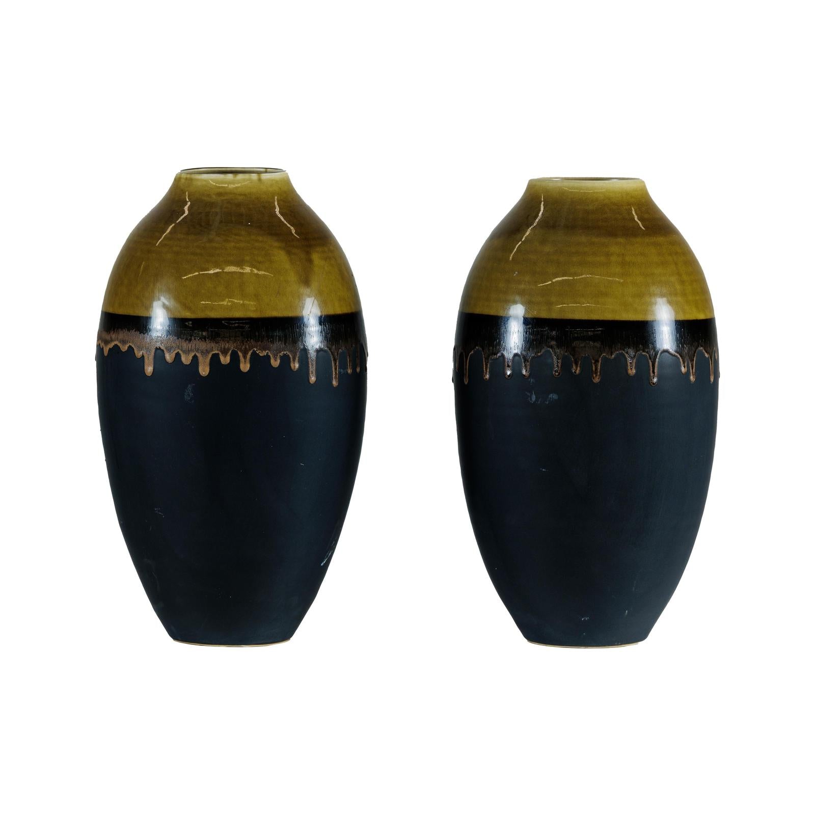 Pair of Large Ceramic Vases, Olive-Taupe and Black Drip Glaze-1. Asian &amp; Chinese Furniture, Art, Antiques, Vintage Home Décor for sale at FEA Home