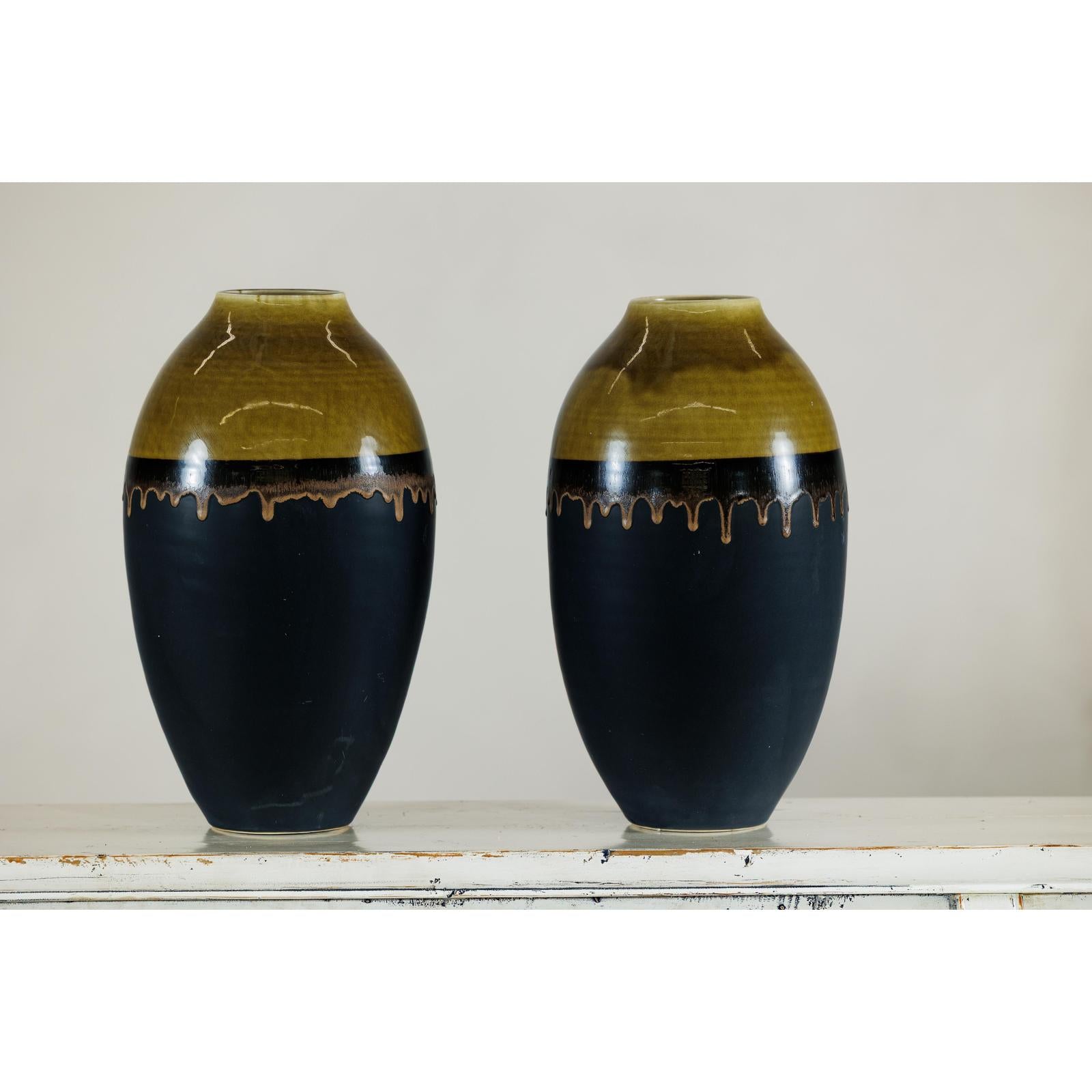 Pair of Large Ceramic Vases, Olive-Taupe and Black Drip Glaze-11. Asian &amp; Chinese Furniture, Art, Antiques, Vintage Home Décor for sale at FEA Home