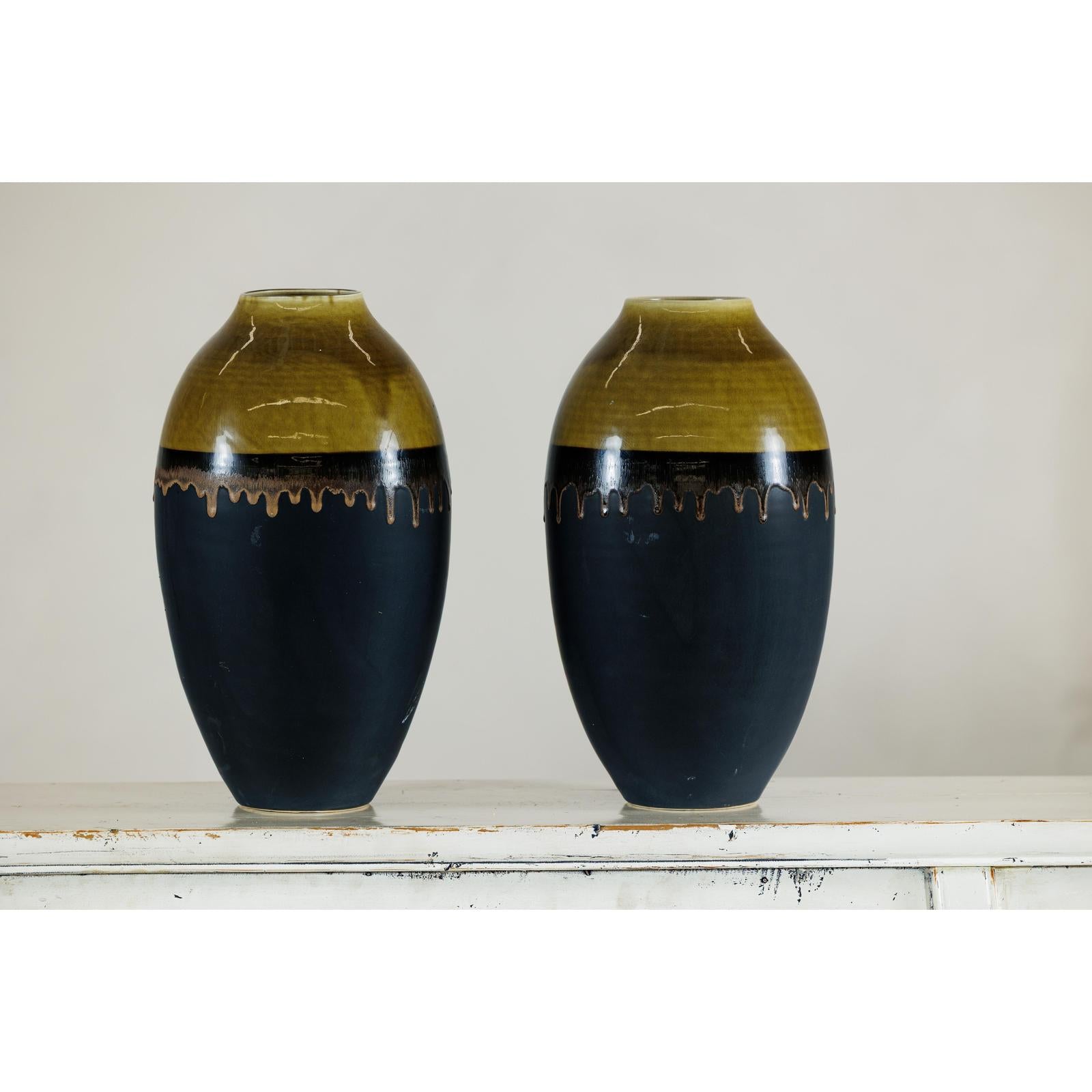 Pair of Large Ceramic Vases, Olive-Taupe and Black Drip Glaze-14. Asian &amp; Chinese Furniture, Art, Antiques, Vintage Home Décor for sale at FEA Home