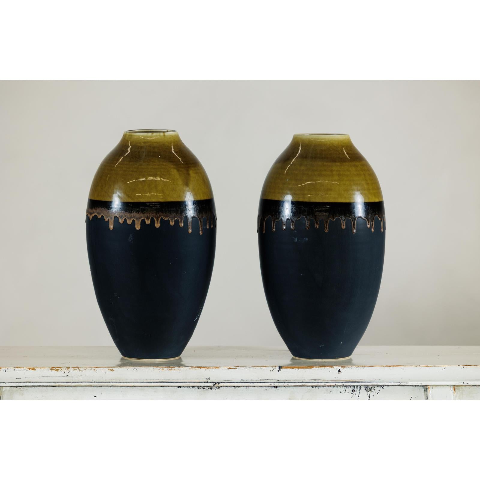 Pair of Large Ceramic Vases, Olive-Taupe and Black Drip Glaze-2. Asian &amp; Chinese Furniture, Art, Antiques, Vintage Home Décor for sale at FEA Home