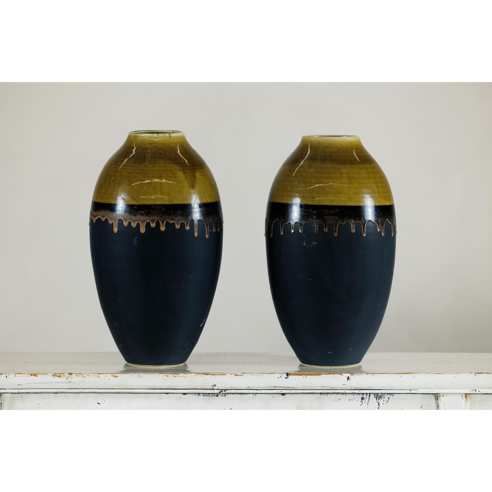 Pair of Large Ceramic Vases, Olive-Taupe and Black Drip Glaze-4. Asian &amp; Chinese Furniture, Art, Antiques, Vintage Home Décor for sale at FEA Home
