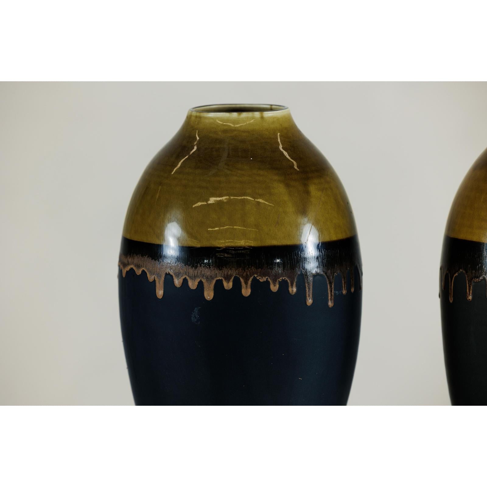 Pair of Large Ceramic Vases, Olive-Taupe and Black Drip Glaze-5. Asian &amp; Chinese Furniture, Art, Antiques, Vintage Home Décor for sale at FEA Home