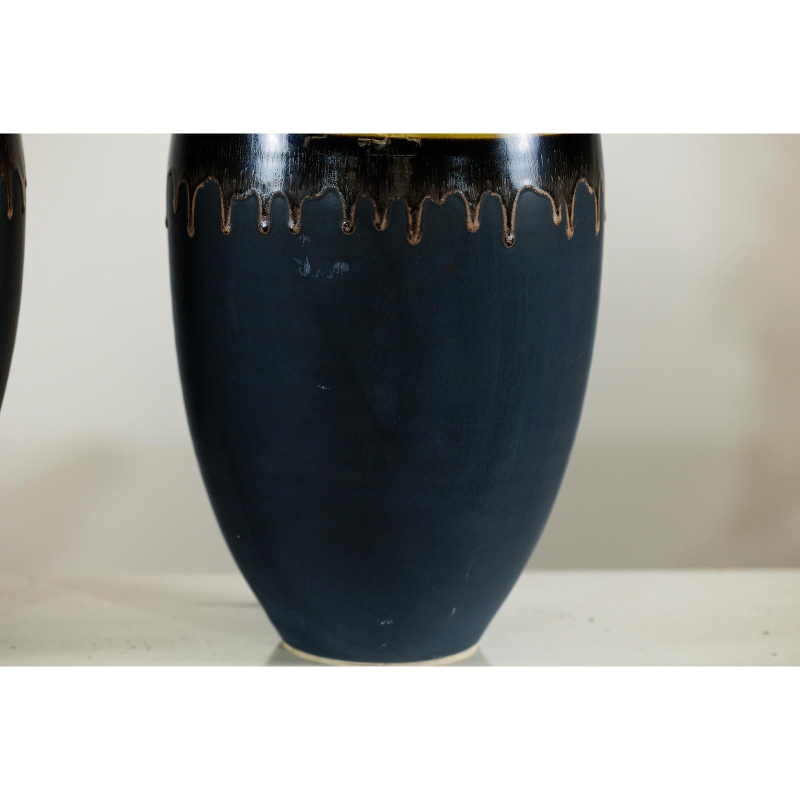 Pair of Large Ceramic Vases, Olive-Taupe and Black Drip Glaze-7. Asian &amp; Chinese Furniture, Art, Antiques, Vintage Home Décor for sale at FEA Home