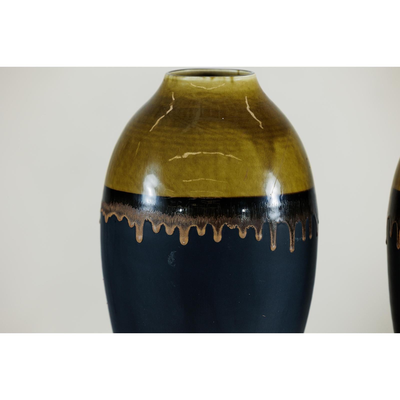Pair of Large Ceramic Vases, Olive-Taupe and Black Drip Glaze-9. Asian &amp; Chinese Furniture, Art, Antiques, Vintage Home Décor for sale at FEA Home
