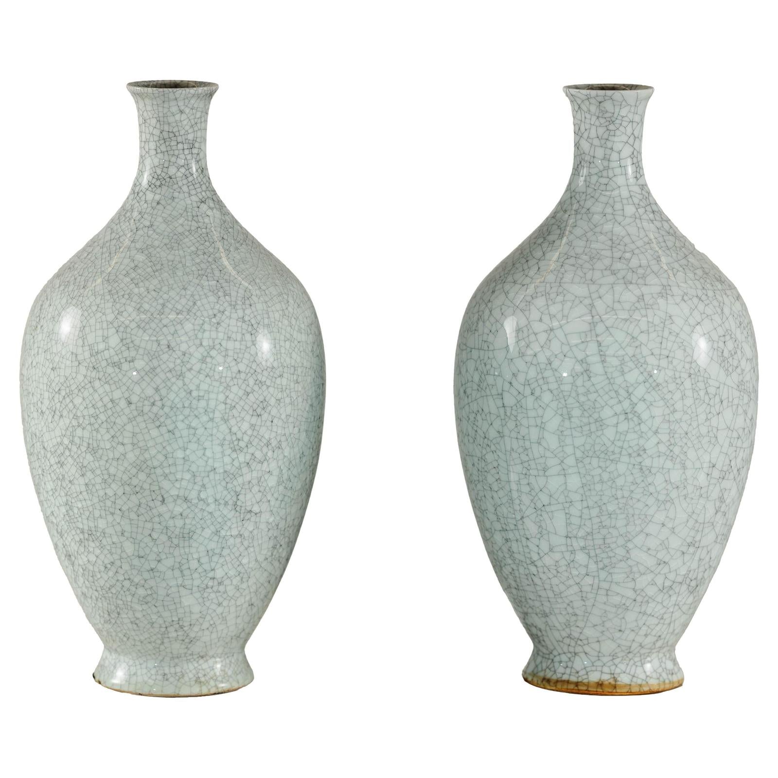 Pair of Light Grey Celadon-Glazed Porcelain Vases with Fine Crackle Pattern-1. Asian & Chinese Furniture, Art, Antiques, Vintage Home Décor for sale at FEA Home