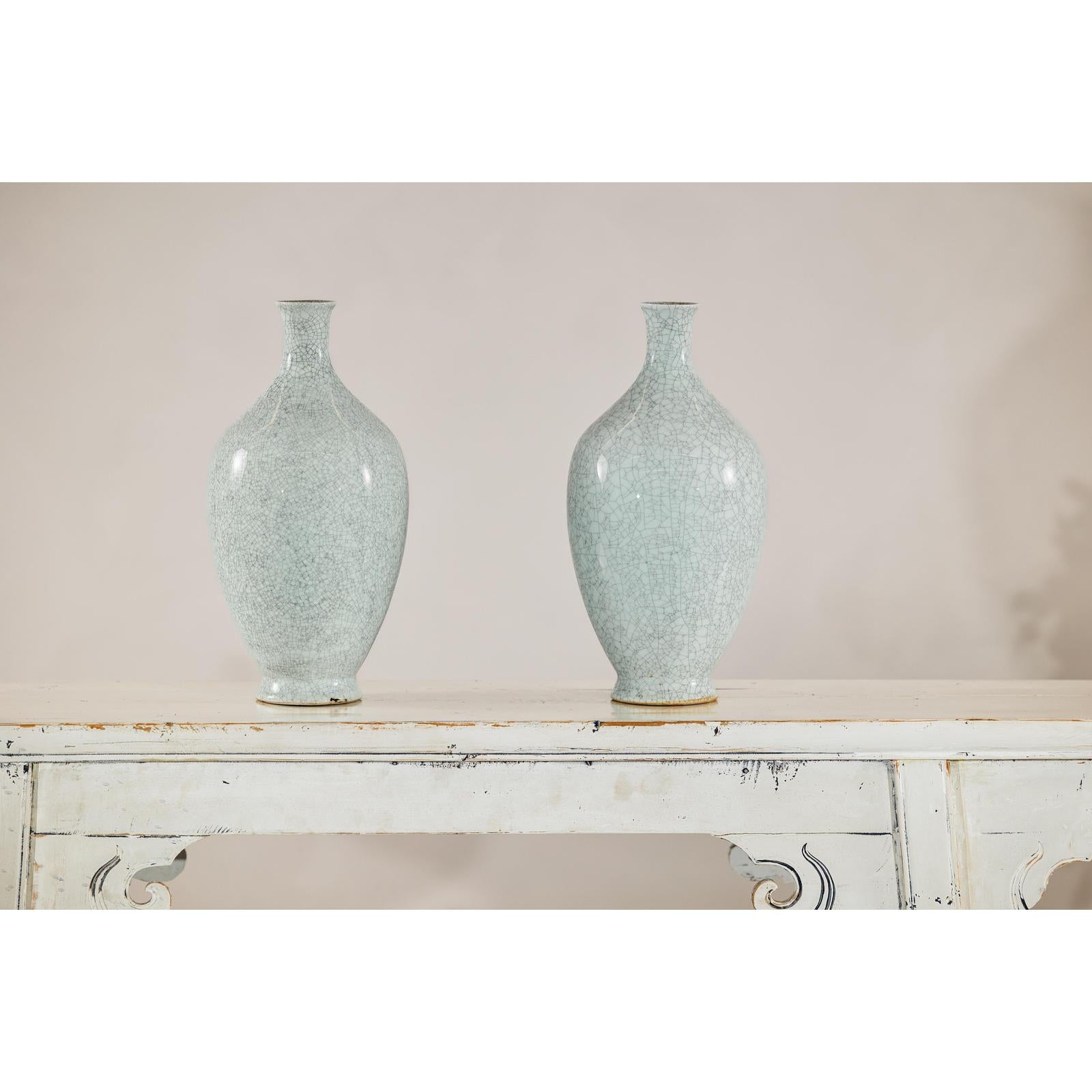Pair of Light Grey Celadon-Glazed Porcelain Vases with Fine Crackle Pattern-2. Asian & Chinese Furniture, Art, Antiques, Vintage Home Décor for sale at FEA Home
