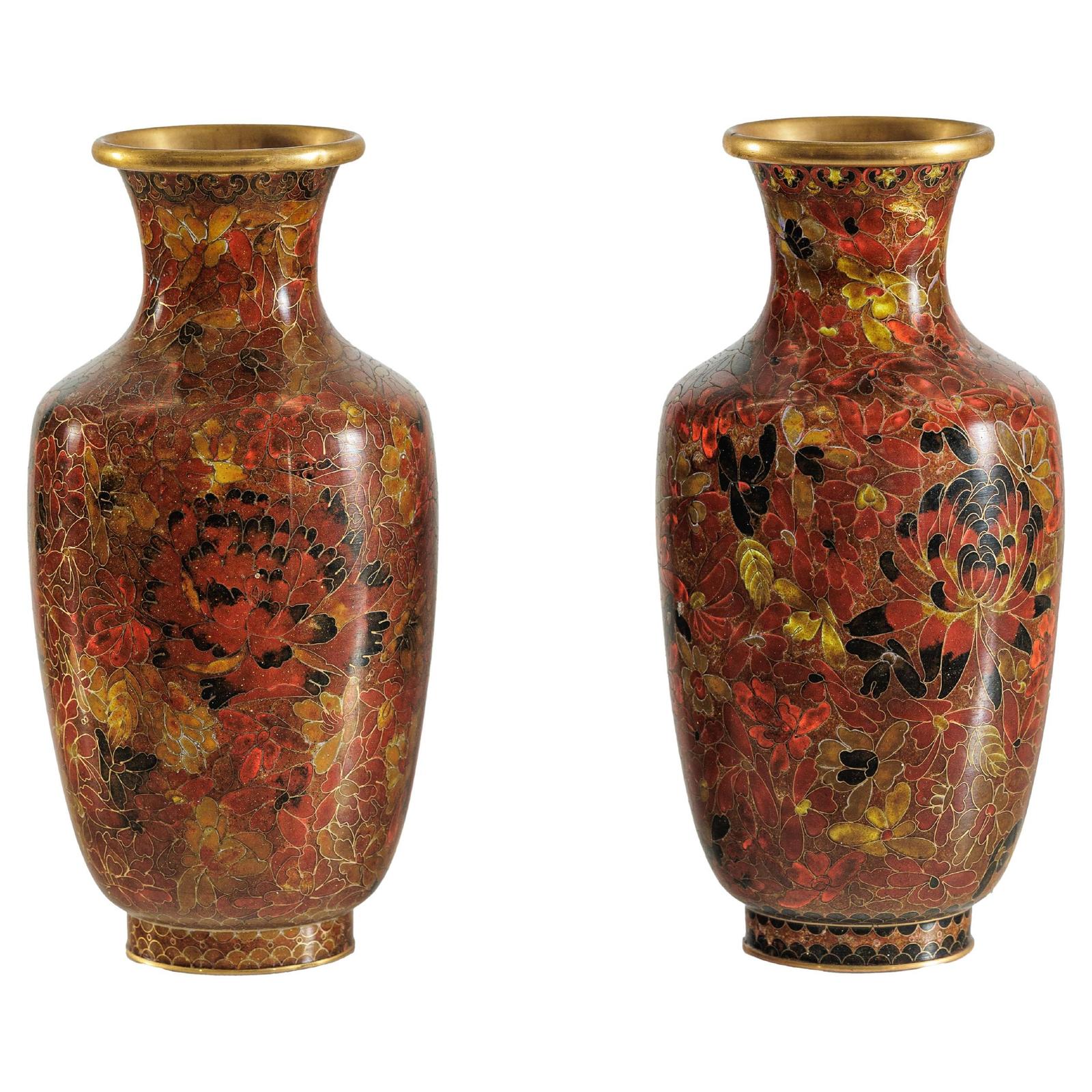 Pair of Mid-20th Century Cloisonné Vases with Floral Motifs-1. Asian & Chinese Furniture, Art, Antiques, Vintage Home Décor for sale at FEA Home