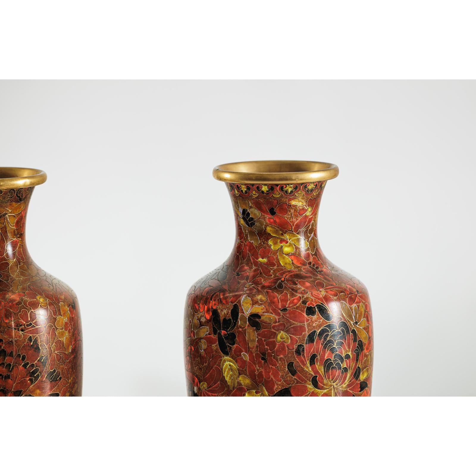 Pair of Mid-20th Century Cloisonné Vases with Floral Motifs-11. Asian &amp; Chinese Furniture, Art, Antiques, Vintage Home Décor for sale at FEA Home