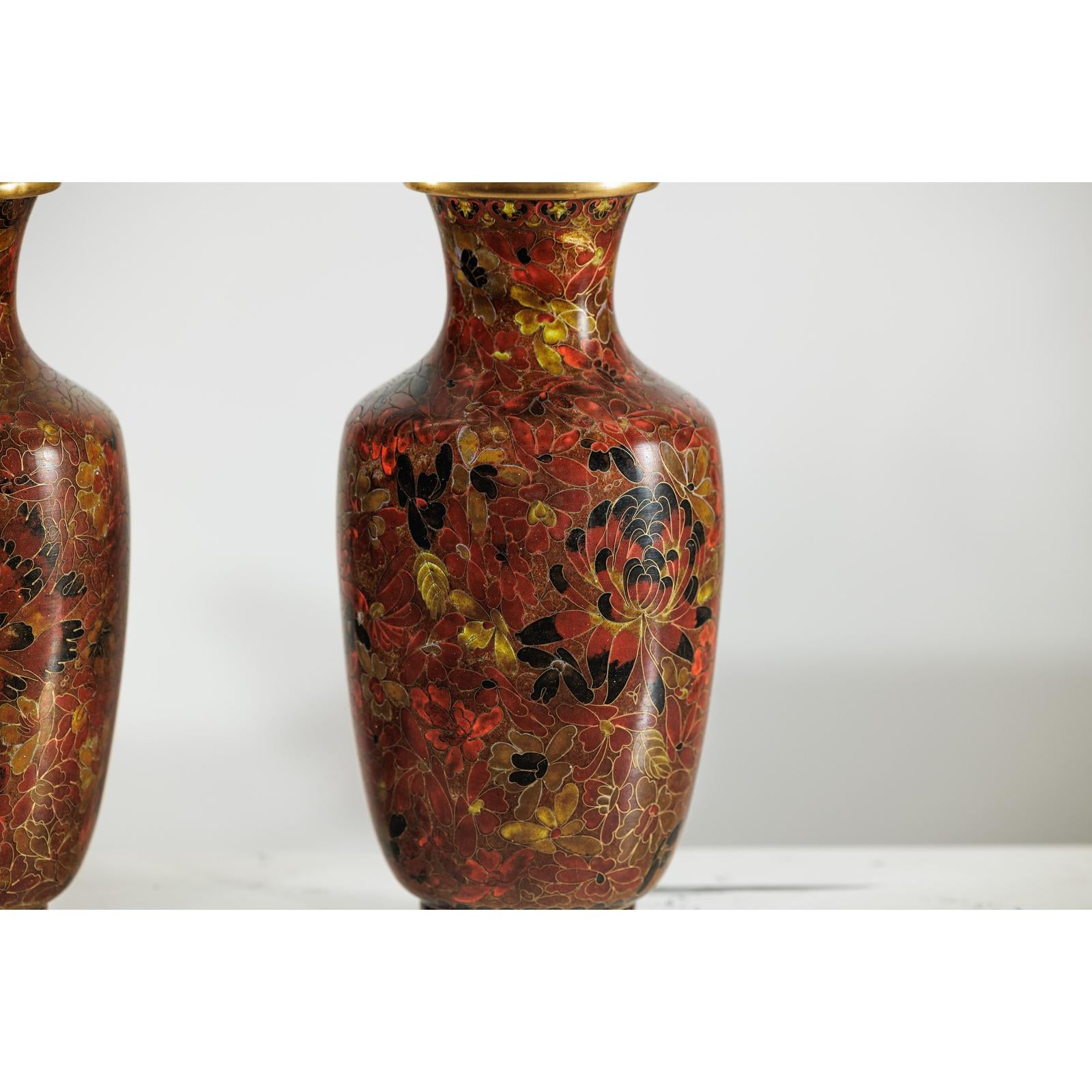 Pair of Mid-20th Century Cloisonné Vases with Floral Motifs-12. Asian &amp; Chinese Furniture, Art, Antiques, Vintage Home Décor for sale at FEA Home