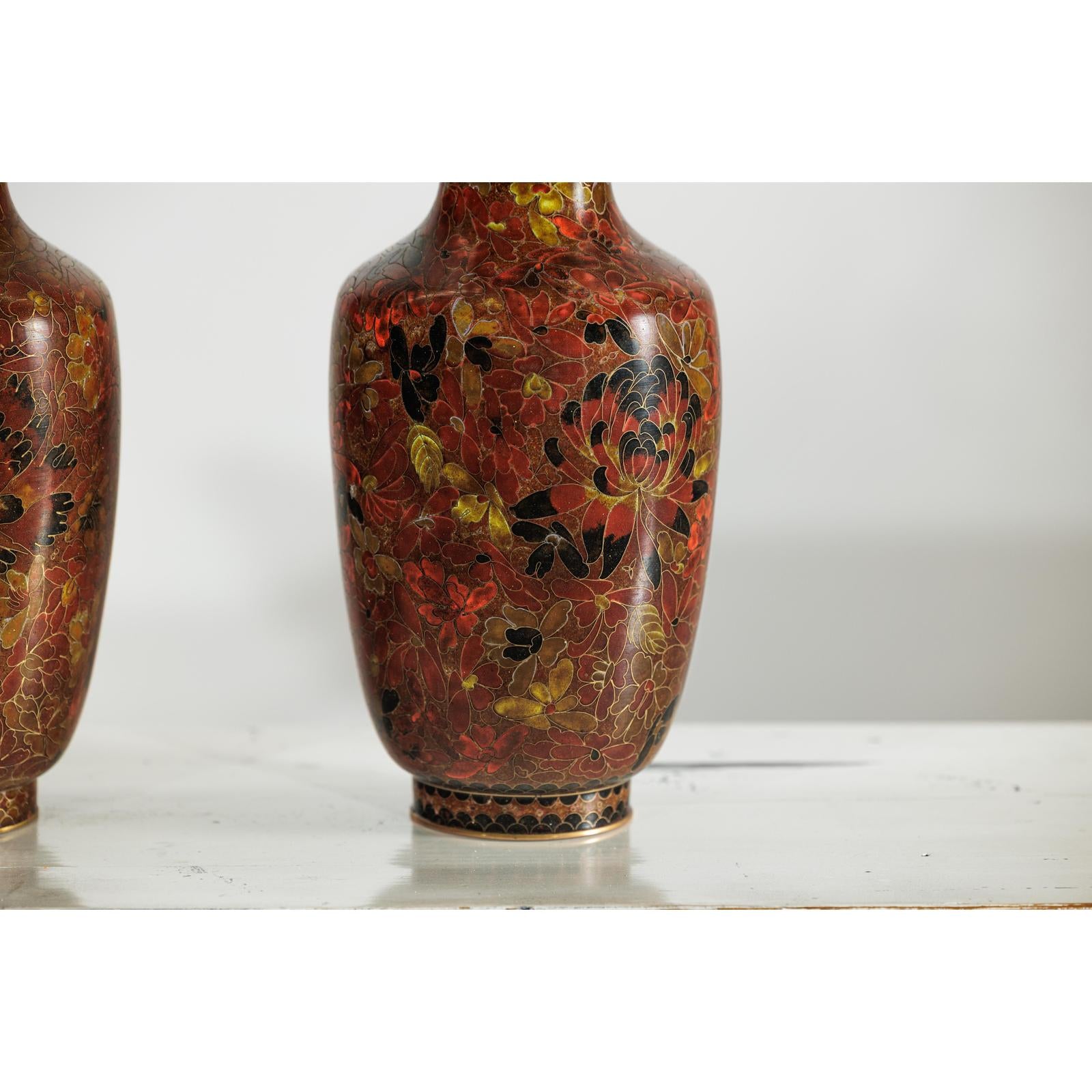 Pair of Mid-20th Century Cloisonné Vases with Floral Motifs-13. Asian &amp; Chinese Furniture, Art, Antiques, Vintage Home Décor for sale at FEA Home