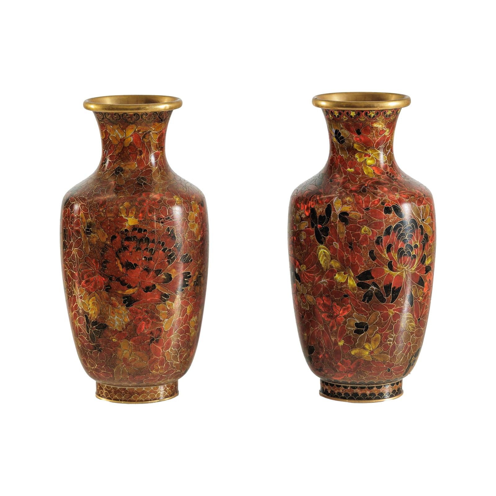 Pair of Mid-20th Century Cloisonné Vases with Floral Motifs-16. Asian &amp; Chinese Furniture, Art, Antiques, Vintage Home Décor for sale at FEA Home