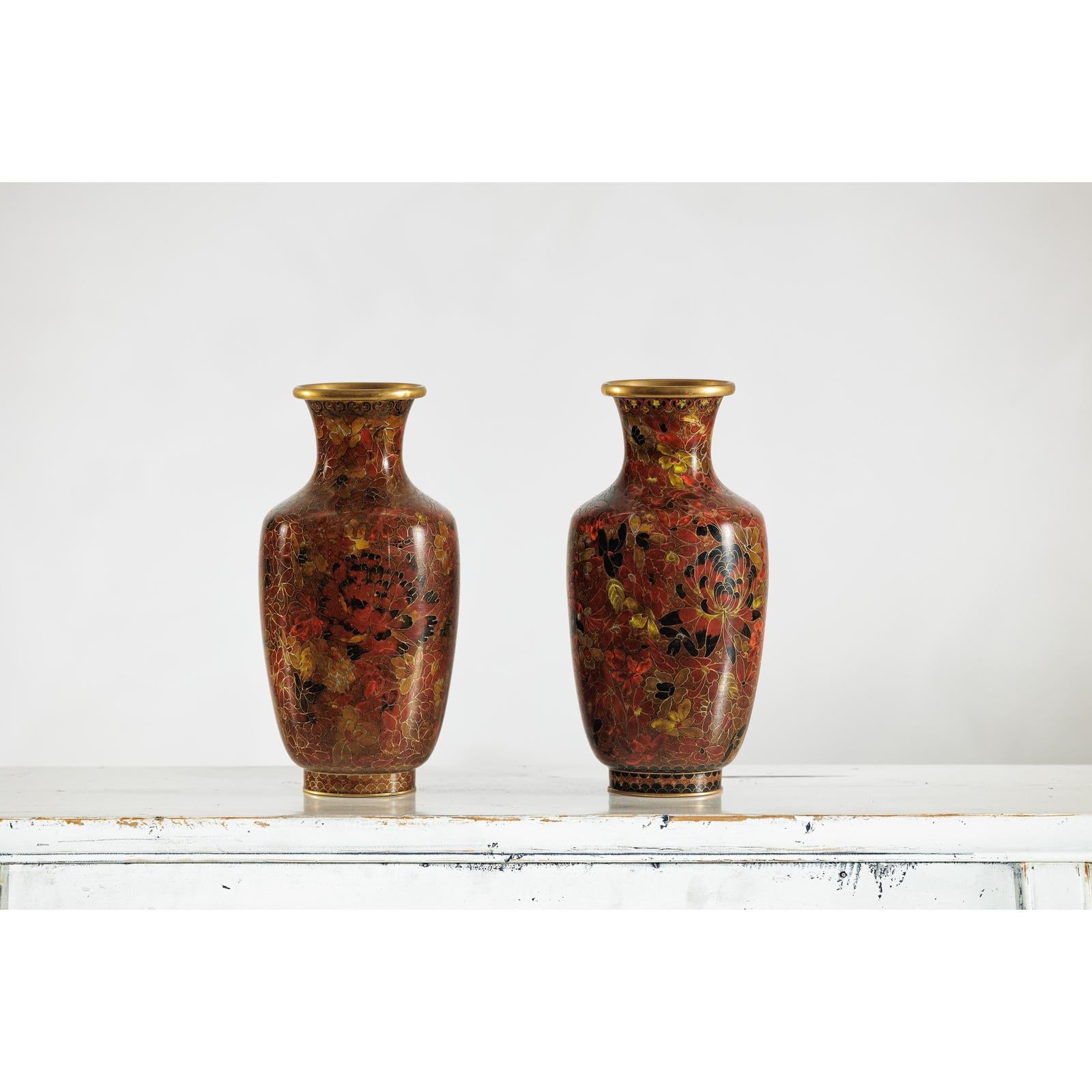 Pair of Mid-20th Century Cloisonné Vases with Floral Motifs-17. Asian &amp; Chinese Furniture, Art, Antiques, Vintage Home Décor for sale at FEA Home