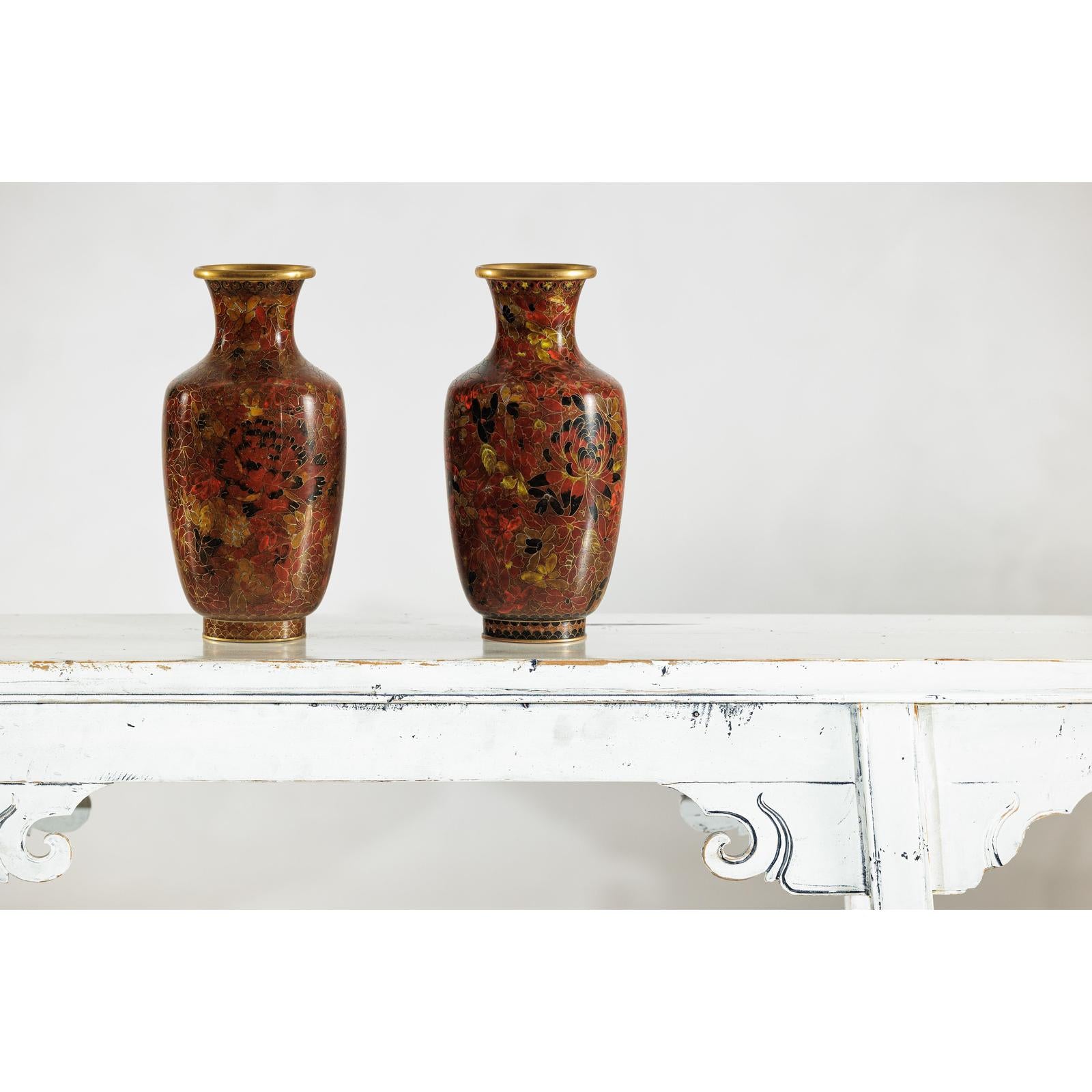 Pair of Mid-20th Century Cloisonné Vases with Floral Motifs-3. Asian &amp; Chinese Furniture, Art, Antiques, Vintage Home Décor for sale at FEA Home