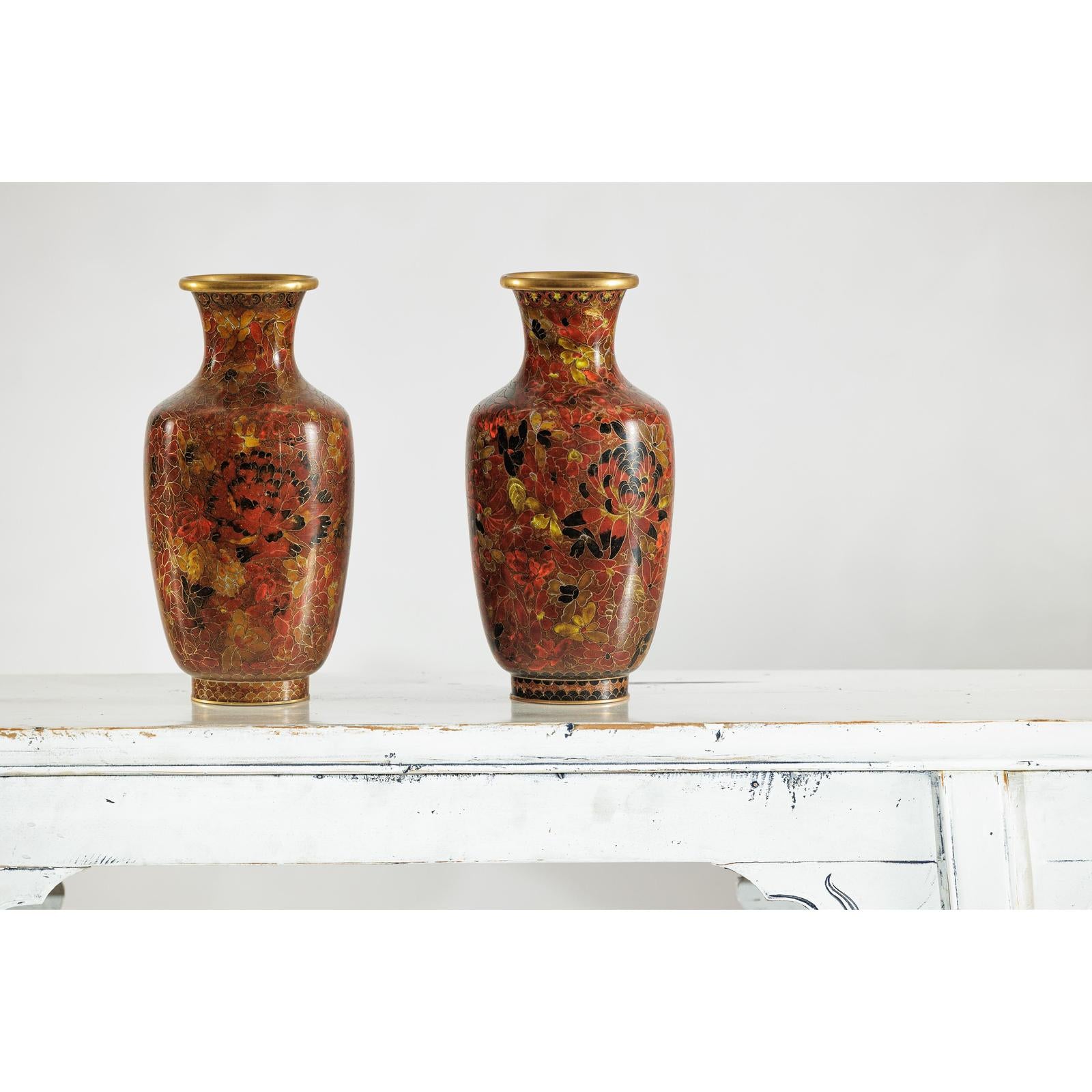Pair of Mid-20th Century Cloisonné Vases with Floral Motifs-4. Asian &amp; Chinese Furniture, Art, Antiques, Vintage Home Décor for sale at FEA Home