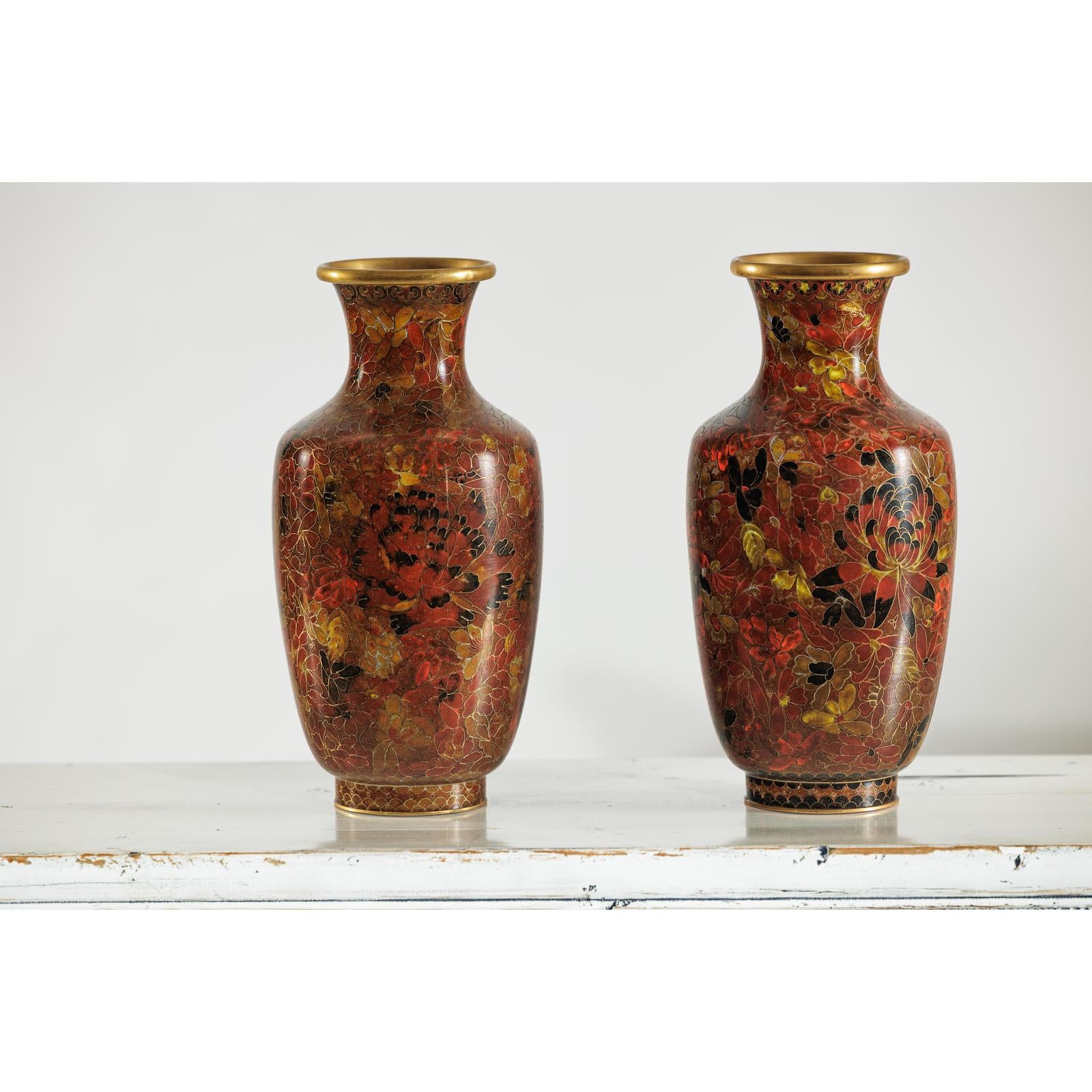 Pair of Mid-20th Century Cloisonné Vases with Floral Motifs-5. Asian &amp; Chinese Furniture, Art, Antiques, Vintage Home Décor for sale at FEA Home