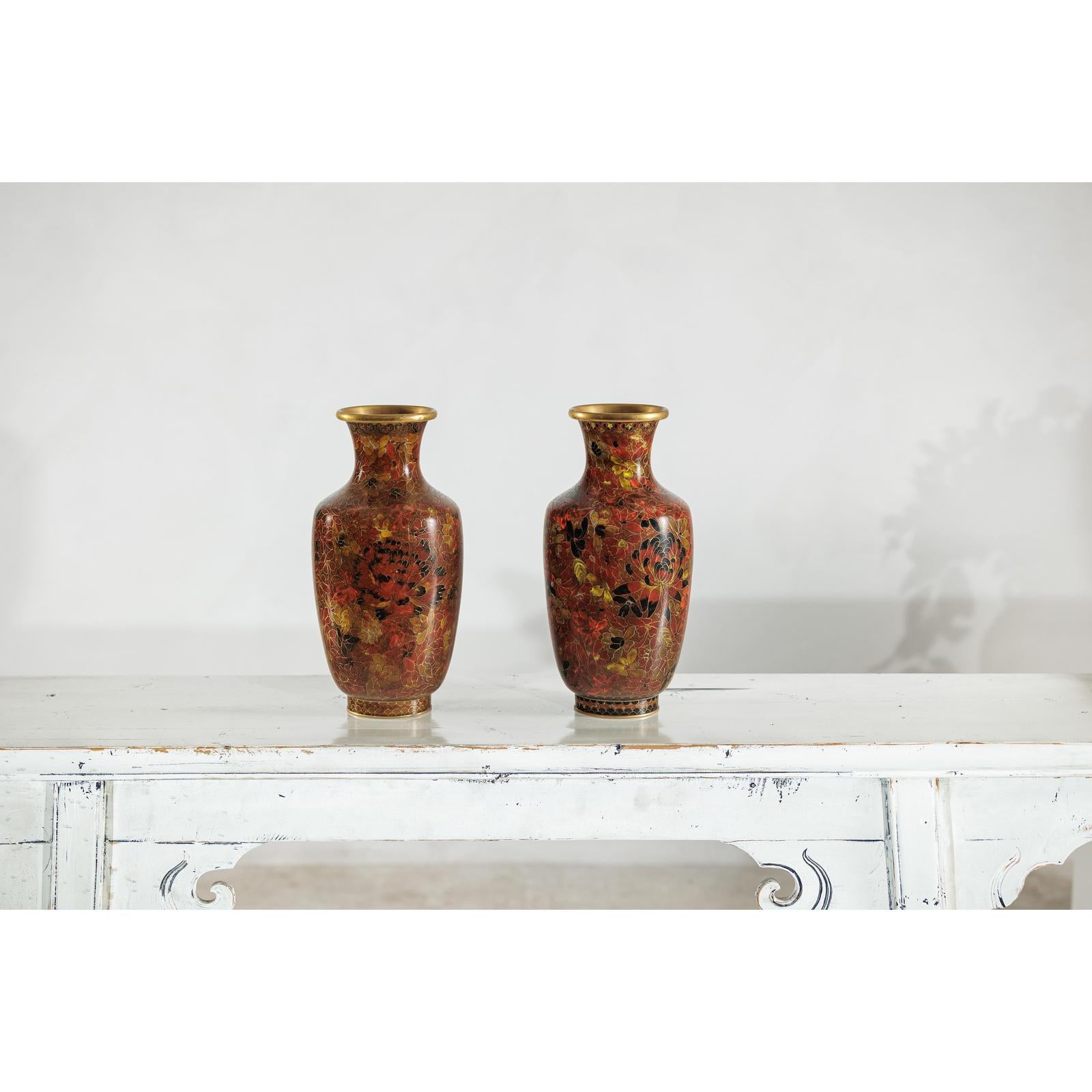 Pair of Mid-20th Century Cloisonné Vases with Floral Motifs-7. Asian &amp; Chinese Furniture, Art, Antiques, Vintage Home Décor for sale at FEA Home