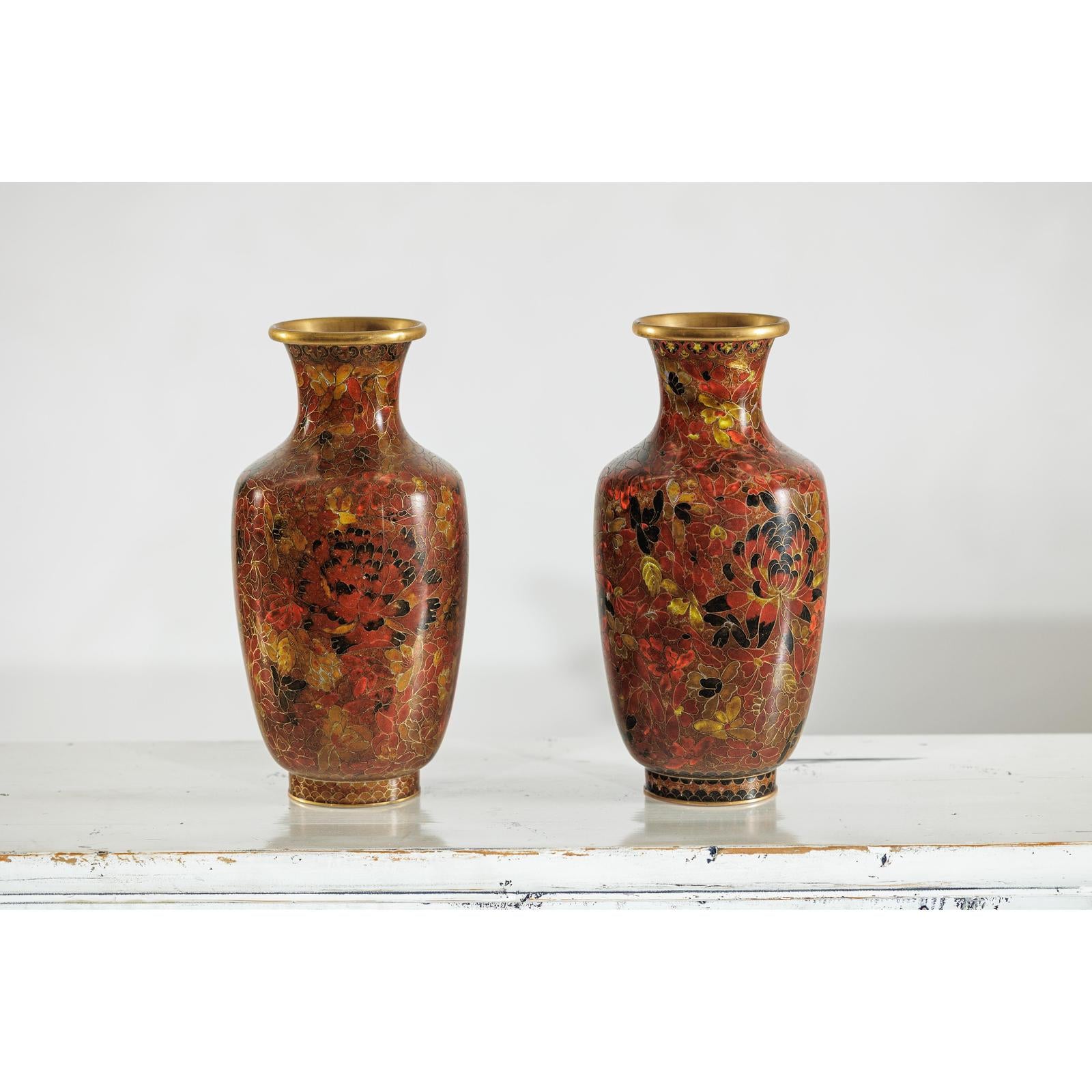Pair of Mid-20th Century Cloisonné Vases with Floral Motifs-8. Asian &amp; Chinese Furniture, Art, Antiques, Vintage Home Décor for sale at FEA Home