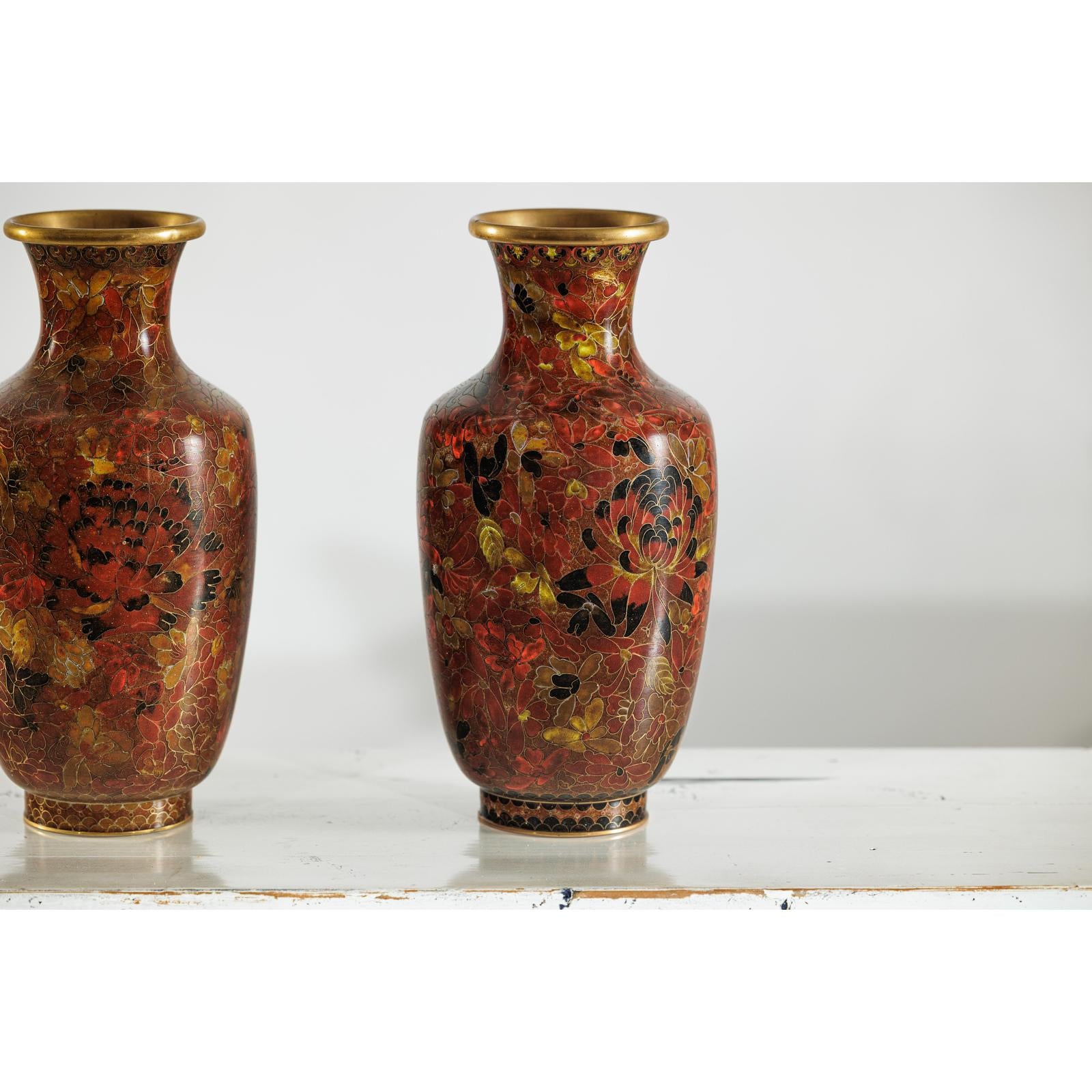 Pair of Mid-20th Century Cloisonné Vases with Floral Motifs-9. Asian &amp; Chinese Furniture, Art, Antiques, Vintage Home Décor for sale at FEA Home