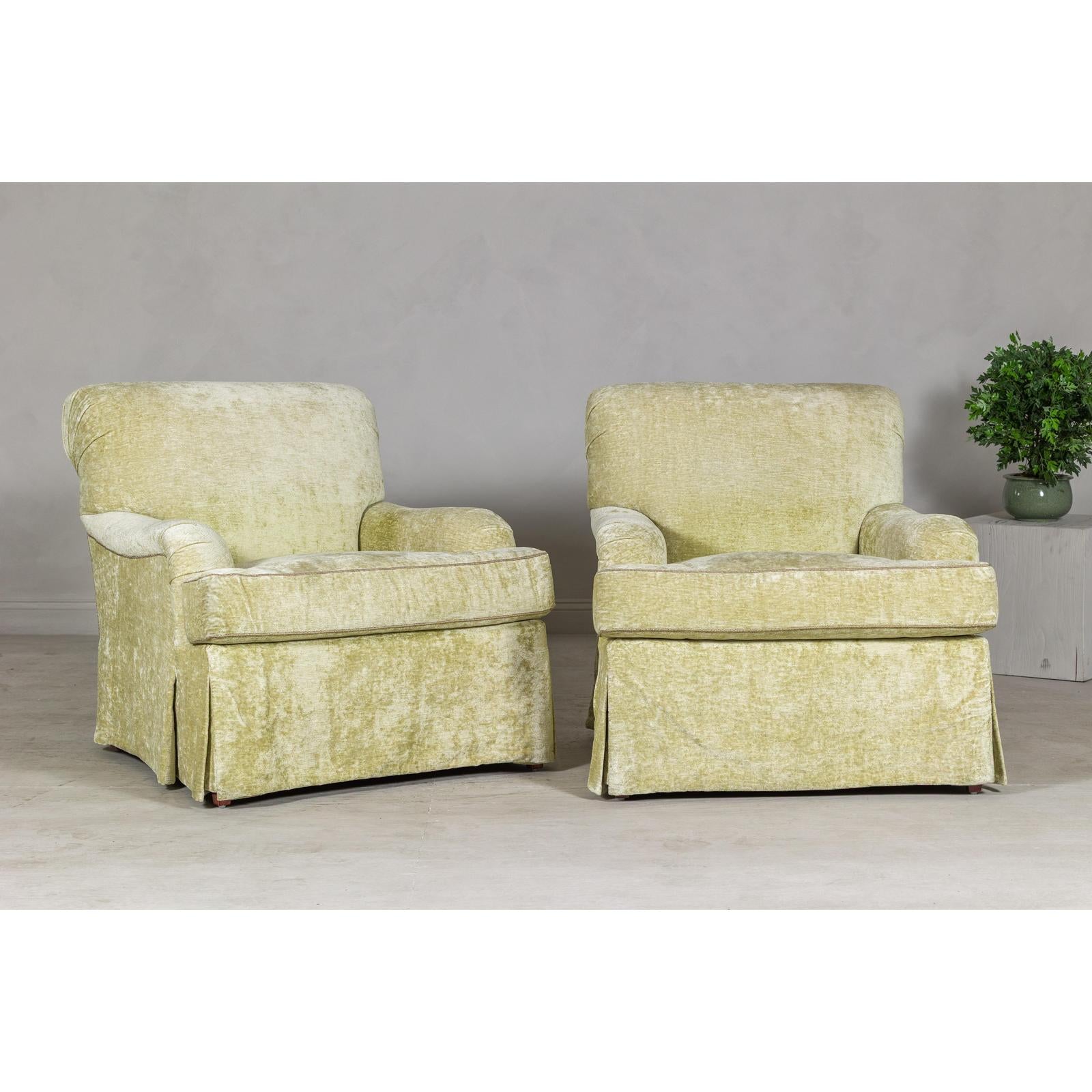 Pair of Skirted Club Chairs by Southwood in Chartreuse Chenille-10. Asian &amp; Chinese Furniture, Art, Antiques, Vintage Home Décor for sale at FEA Home
