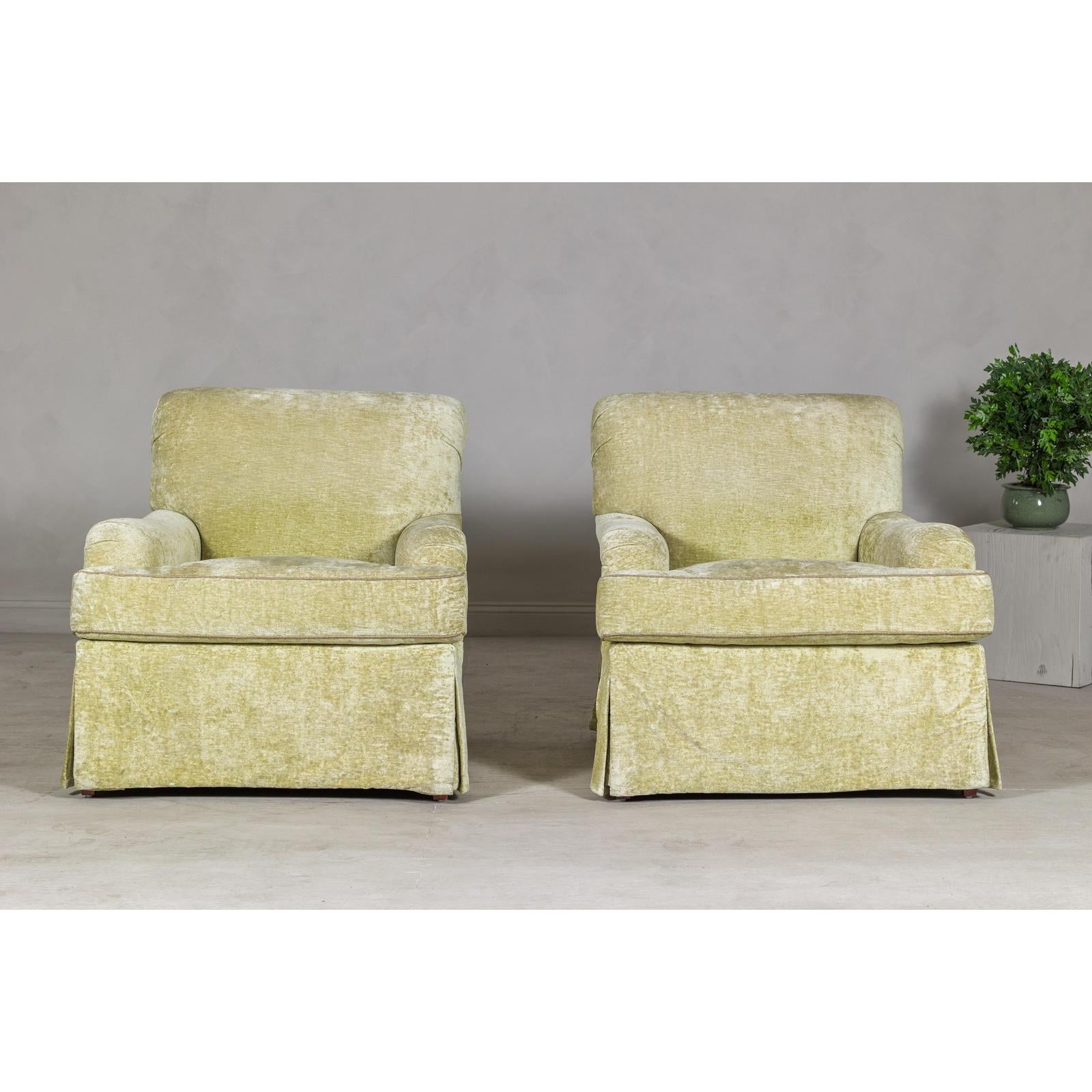 Pair of Skirted Club Chairs by Southwood in Chartreuse Chenille-2. Asian & Chinese Furniture, Art, Antiques, Vintage Home Décor for sale at FEA Home