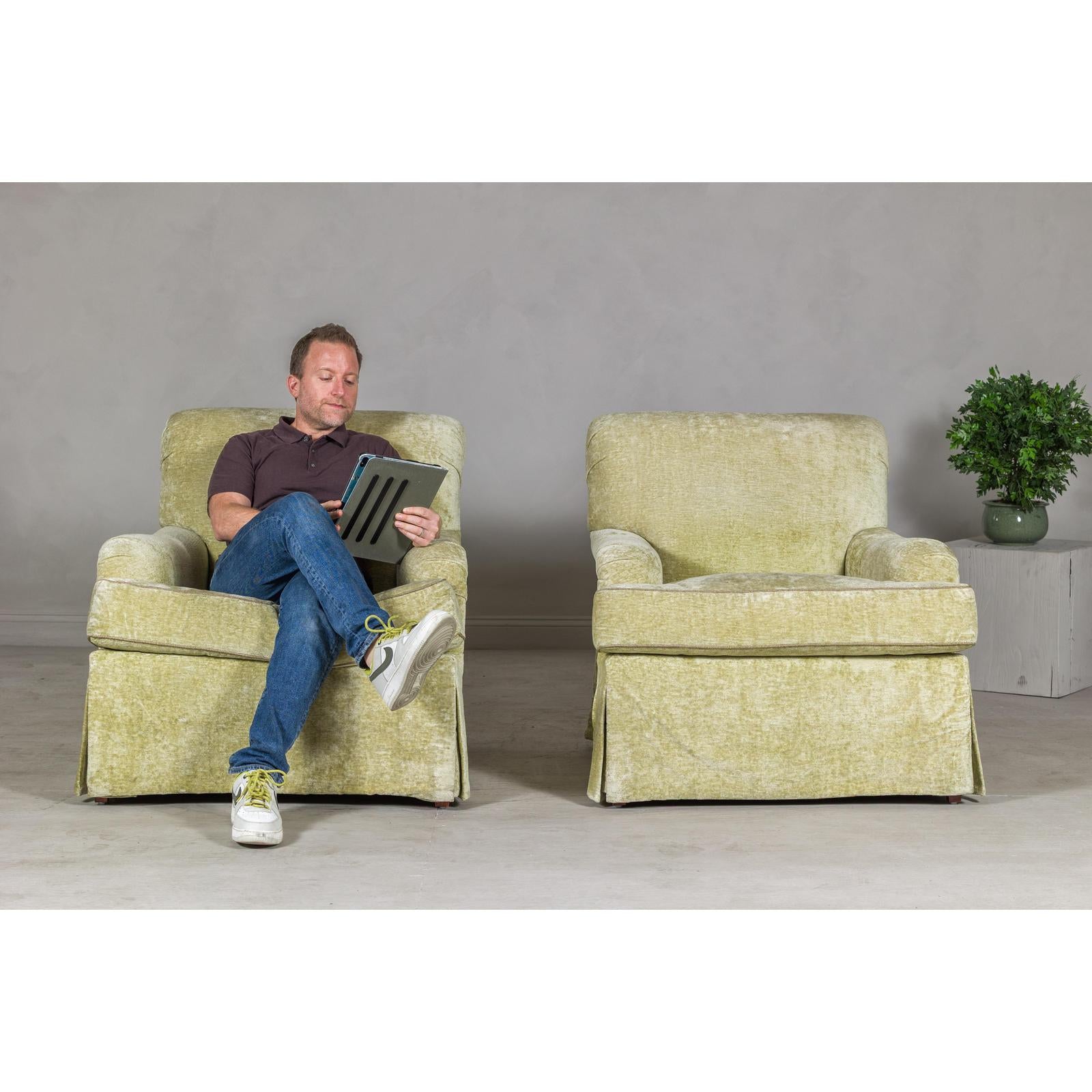 Pair of Skirted Club Chairs by Southwood in Chartreuse Chenille-3. Asian &amp; Chinese Furniture, Art, Antiques, Vintage Home Décor for sale at FEA Home