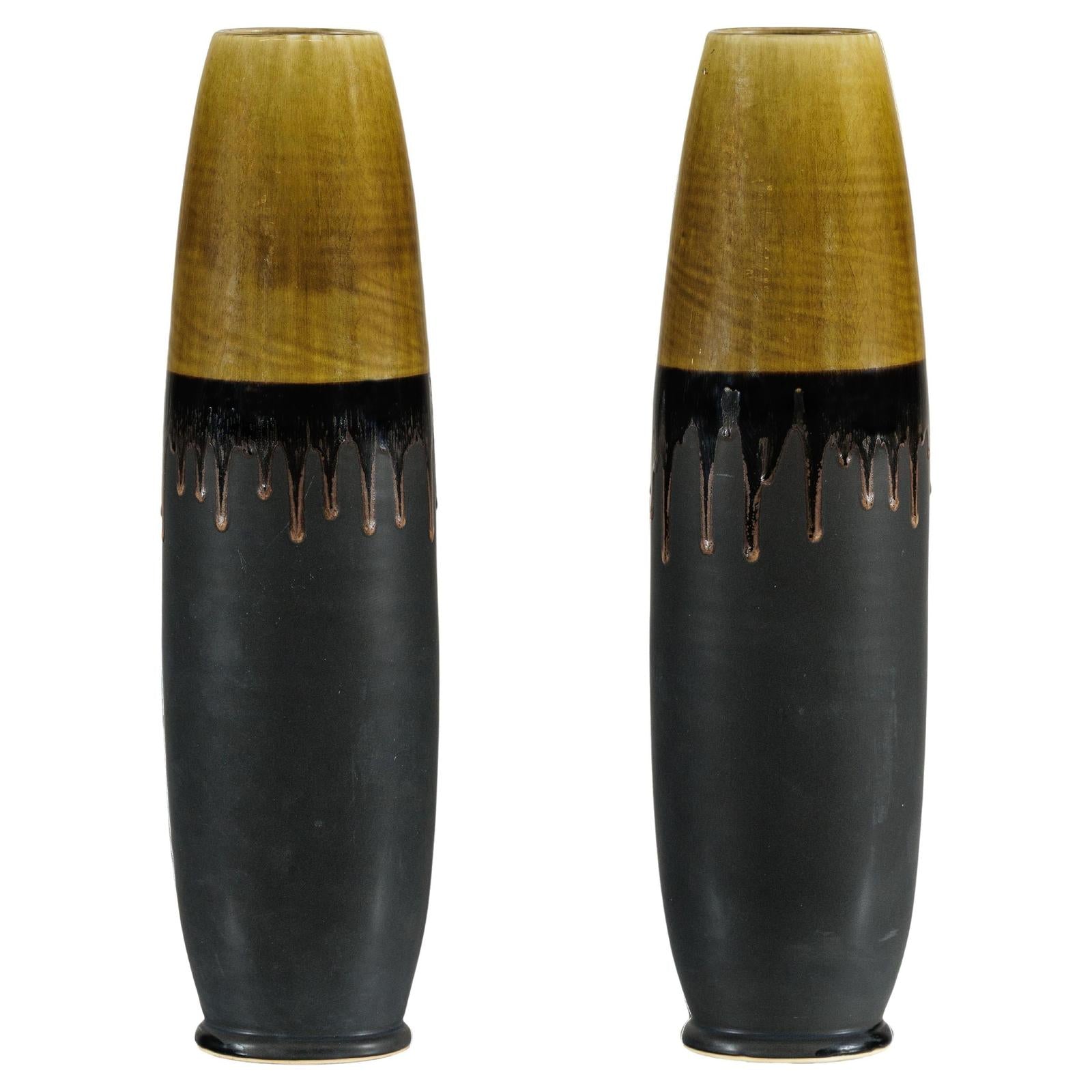 Pair of Slim Ochre &amp; Black Ceramic Vases with Drip-Glaze - image 1