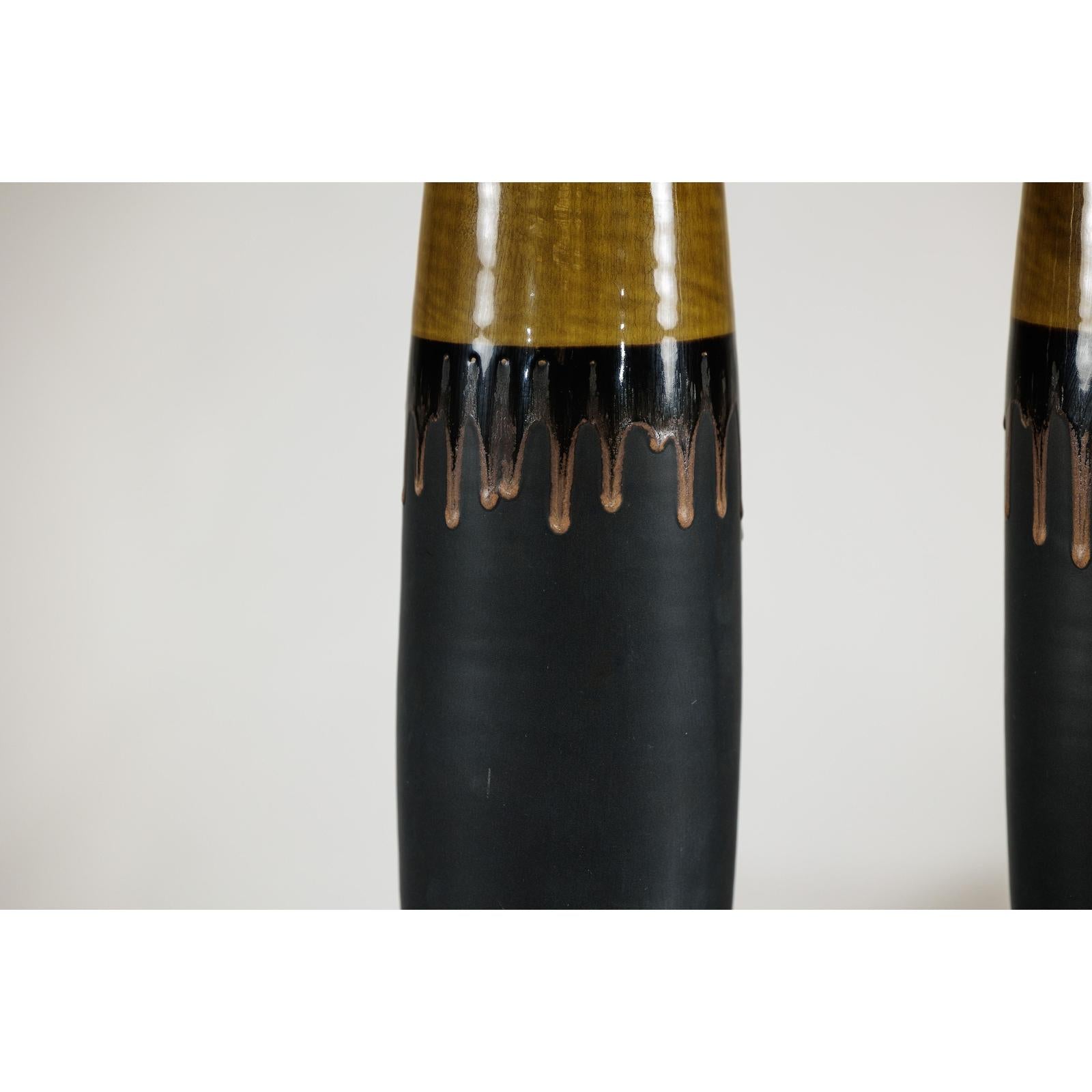 Pair of Slim Ochre &amp; Black Ceramic Vases with Drip-Glaze - image 10