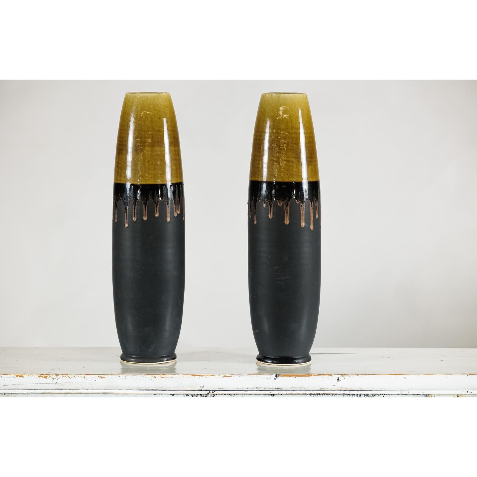 Pair of Slim Ochre &amp; Black Ceramic Vases with Drip-Glaze - image 11
