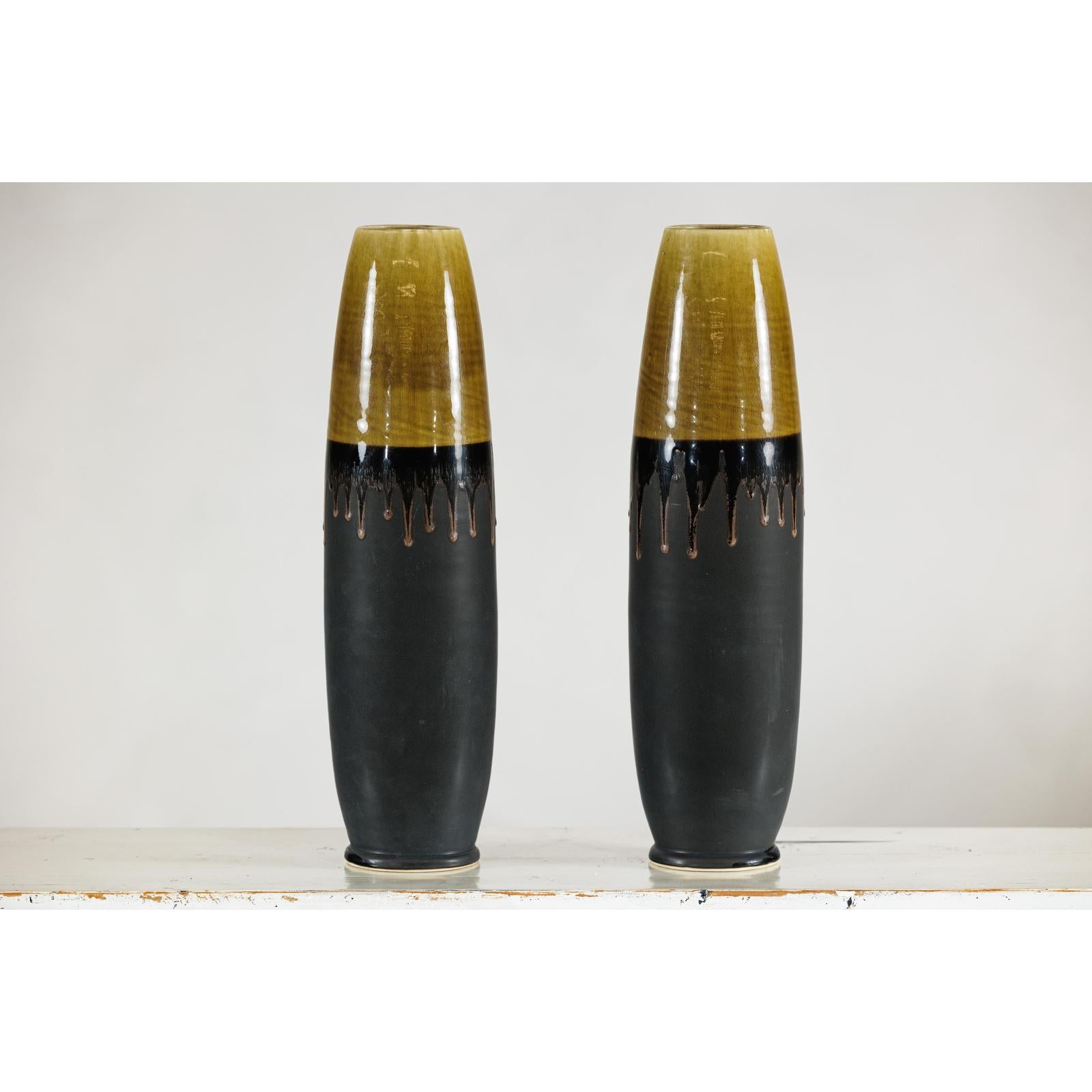 Pair of Slim Ochre &amp; Black Ceramic Vases with Drip-Glaze - image 12