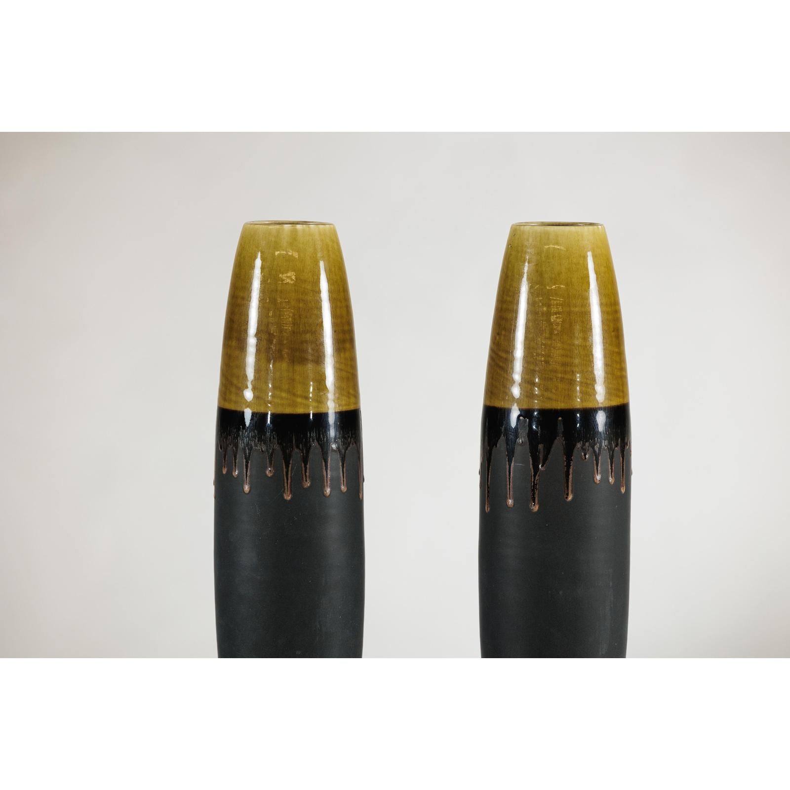 Pair of Slim Ochre &amp; Black Ceramic Vases with Drip-Glaze - image 13