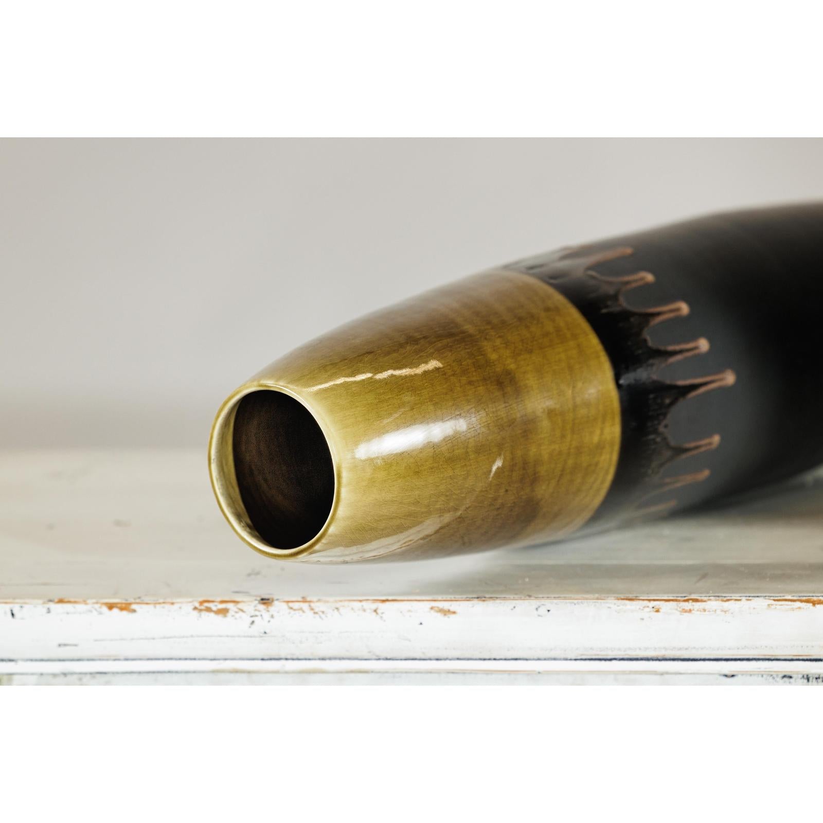 Pair of Slim Ochre &amp; Black Ceramic Vases with Drip-Glaze - image 14
