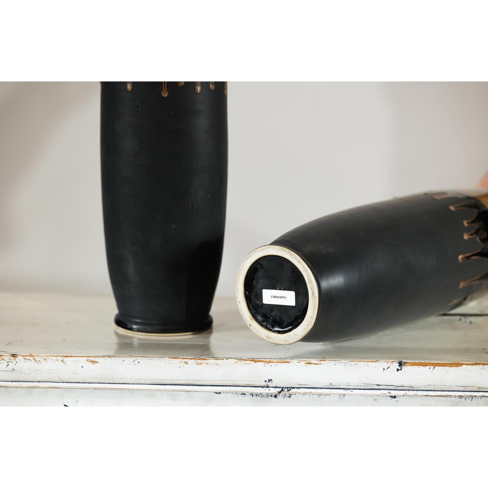 Pair of Slim Ochre &amp; Black Ceramic Vases with Drip-Glaze - image 15