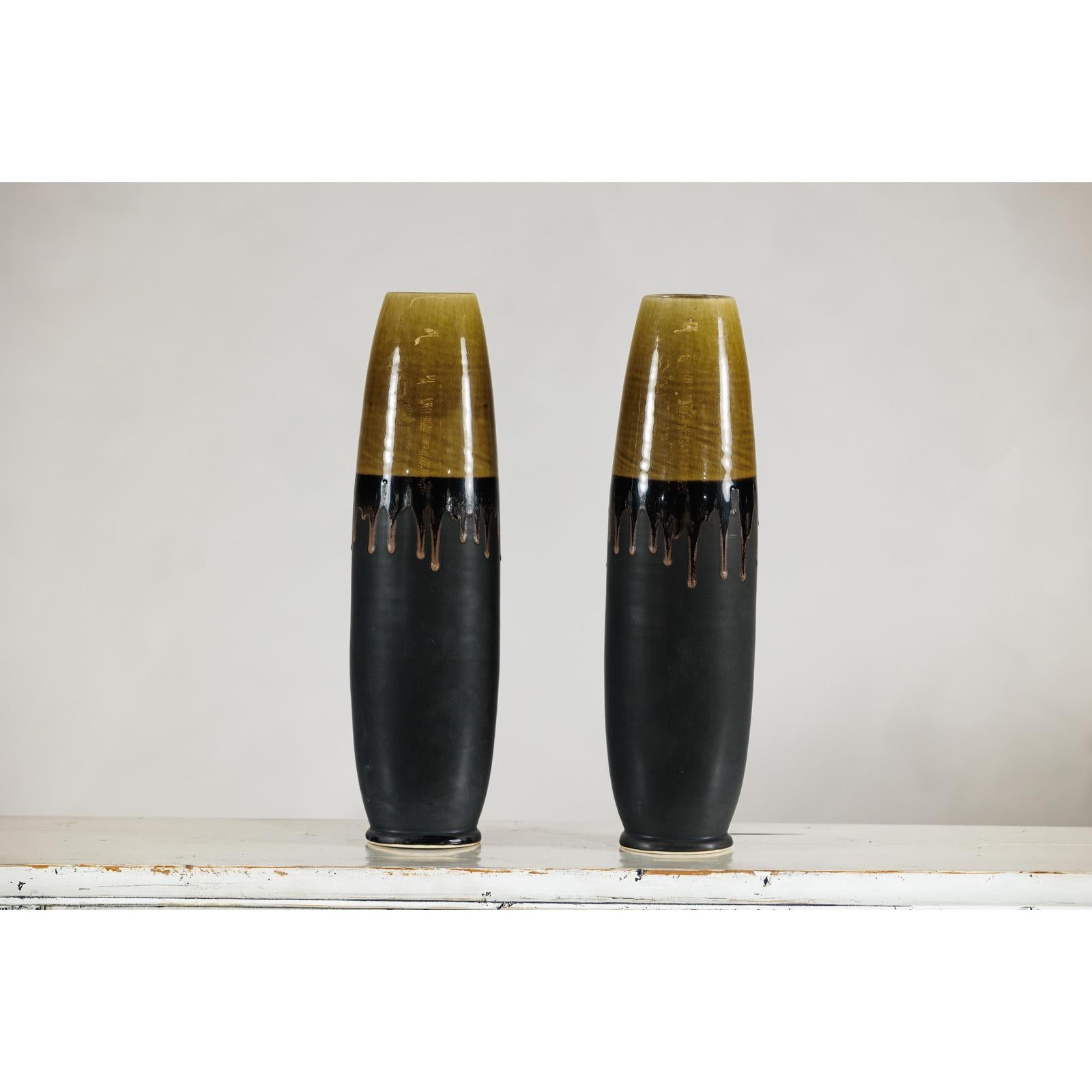 Pair of Slim Ochre &amp; Black Ceramic Vases with Drip-Glaze - image 16