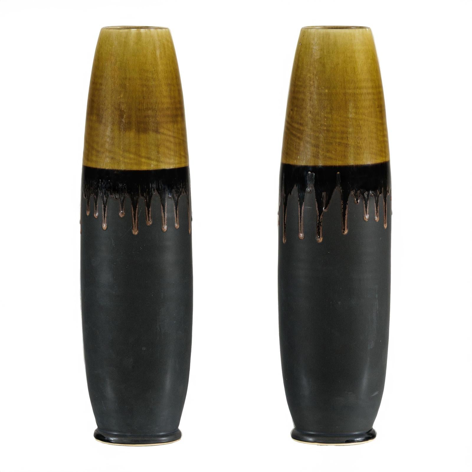 Pair of Slim Ochre &amp; Black Ceramic Vases with Drip-Glaze - image 17
