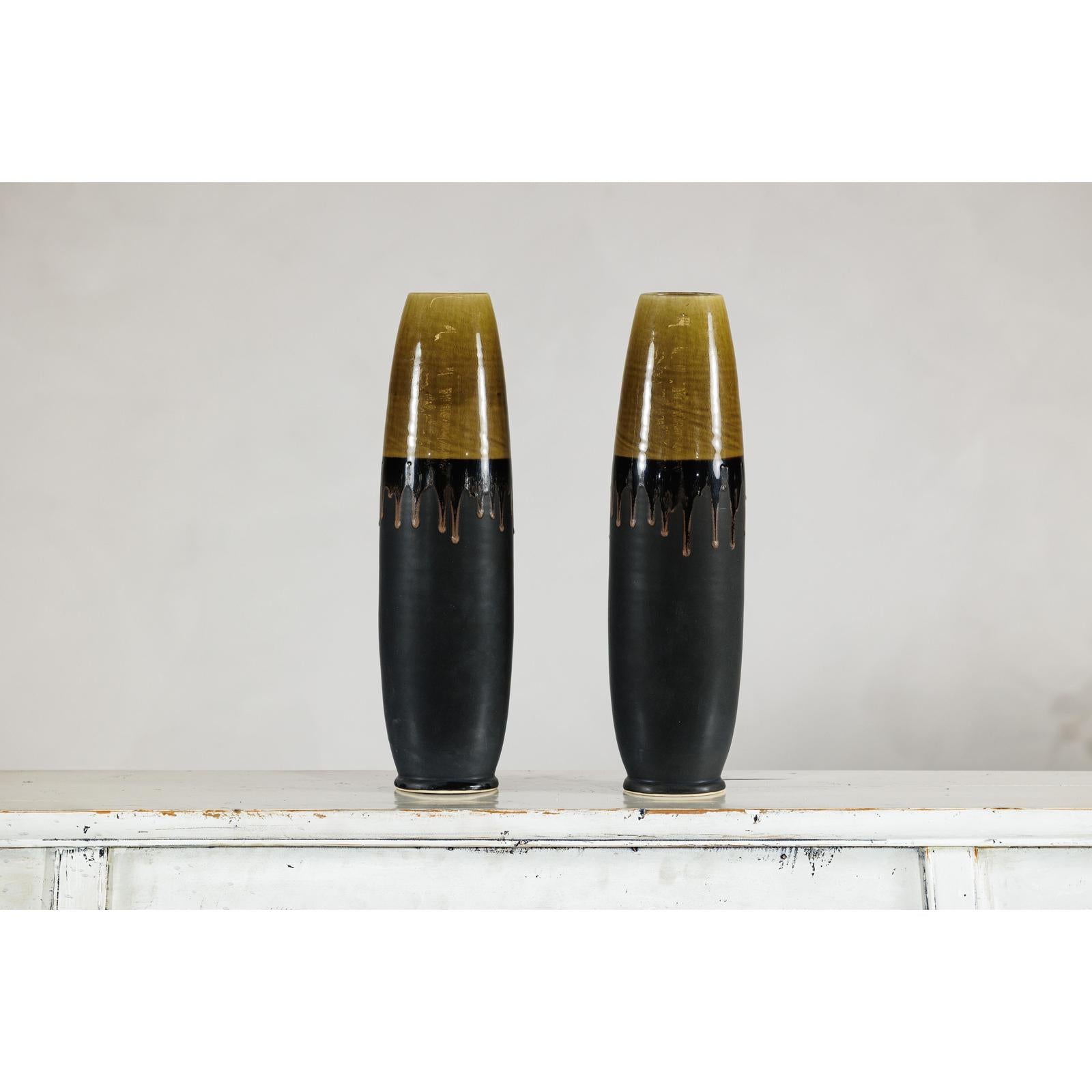 Pair of Slim Ochre &amp; Black Ceramic Vases with Drip-Glaze - image 2