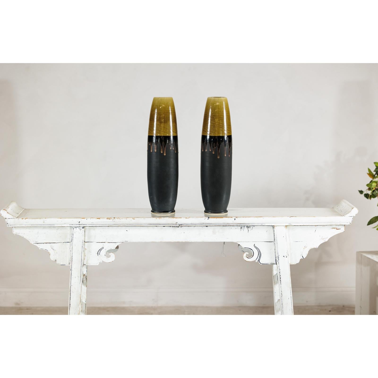 Pair of Slim Ochre &amp; Black Ceramic Vases with Drip-Glaze - image 4