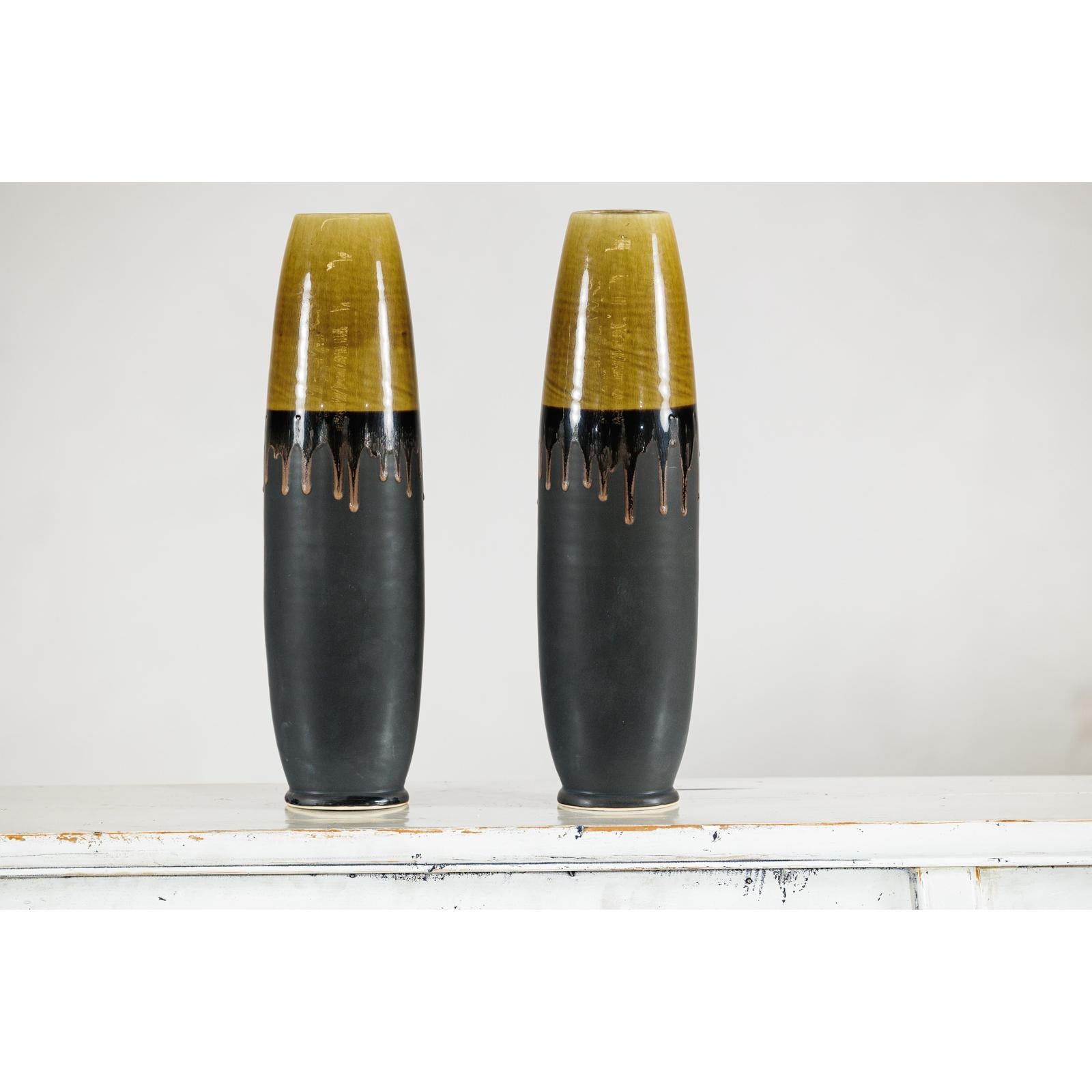 Pair of Slim Ochre &amp; Black Ceramic Vases with Drip-Glaze - image 5