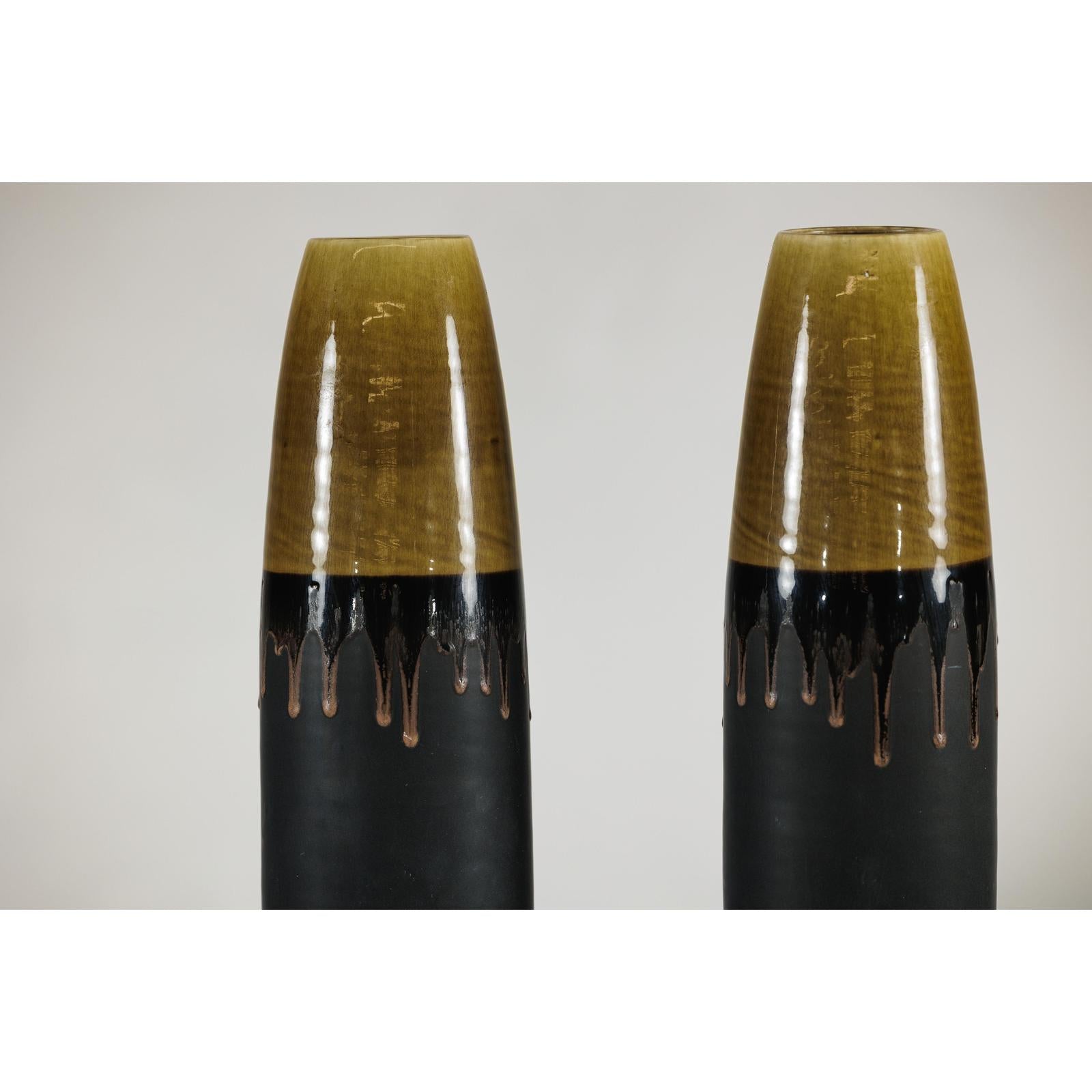 Pair of Slim Ochre &amp; Black Ceramic Vases with Drip-Glaze - image 6