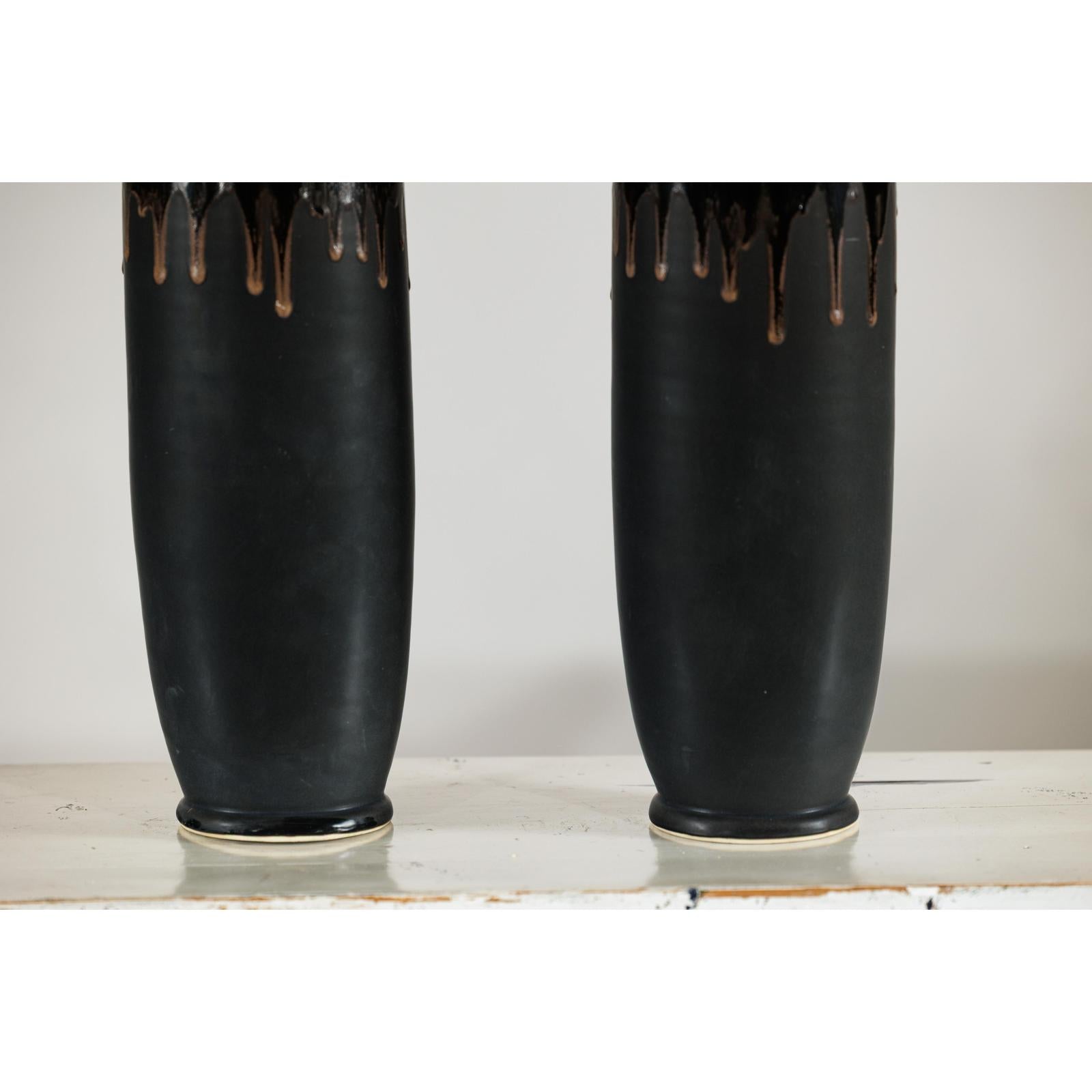 Pair of Slim Ochre &amp; Black Ceramic Vases with Drip-Glaze - image 7