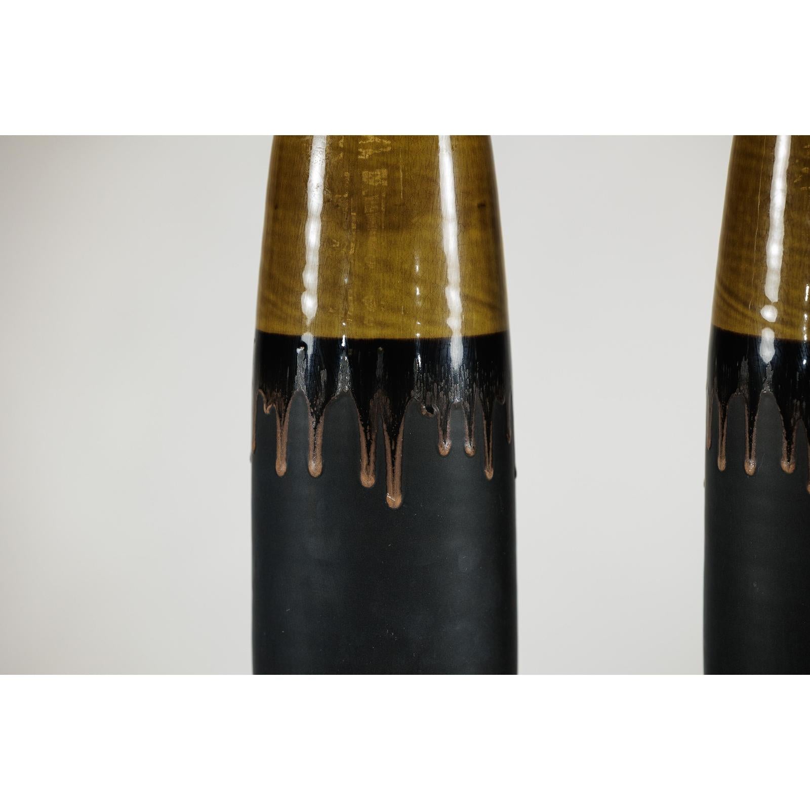 Pair of Slim Ochre &amp; Black Ceramic Vases with Drip-Glaze - image 8