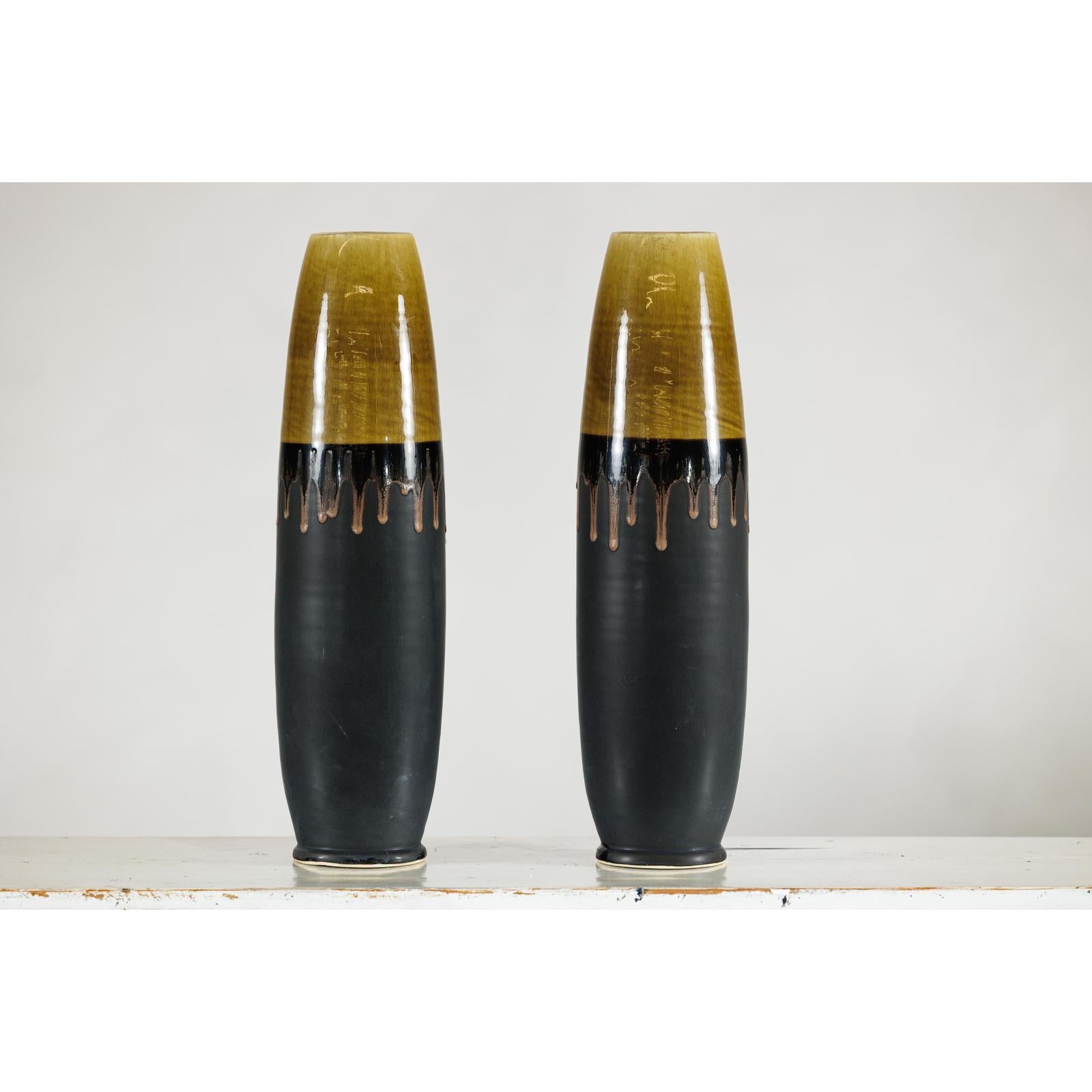 Pair of Slim Ochre &amp; Black Ceramic Vases with Drip-Glaze - image 9