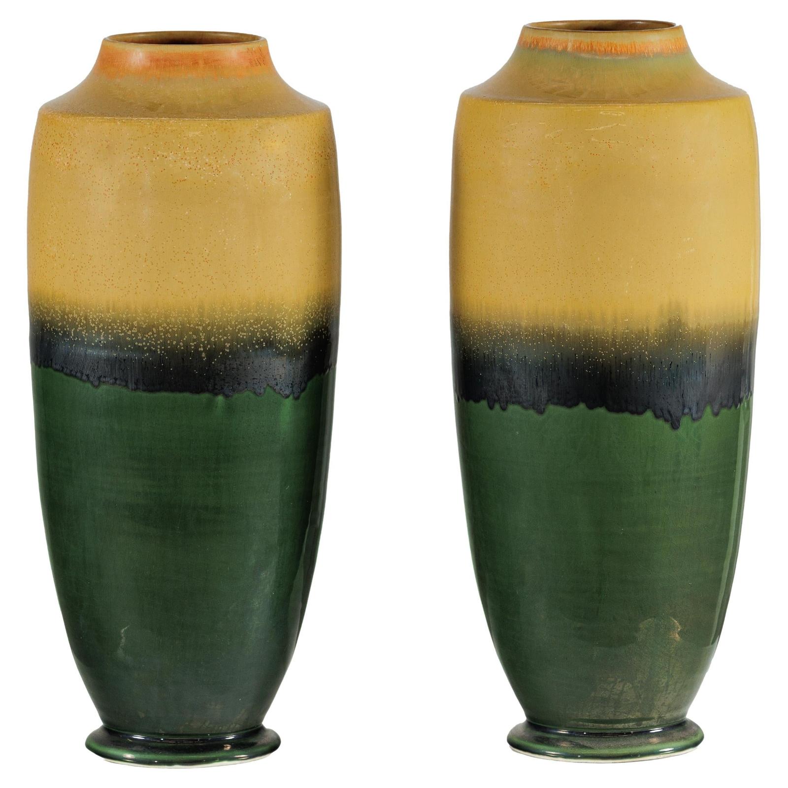 Pair of Tall Artisan Ceramic Vases with Mustard, Black, and Deep Green Glaze-1. Asian & Chinese Furniture, Art, Antiques, Vintage Home Décor for sale at FEA Home