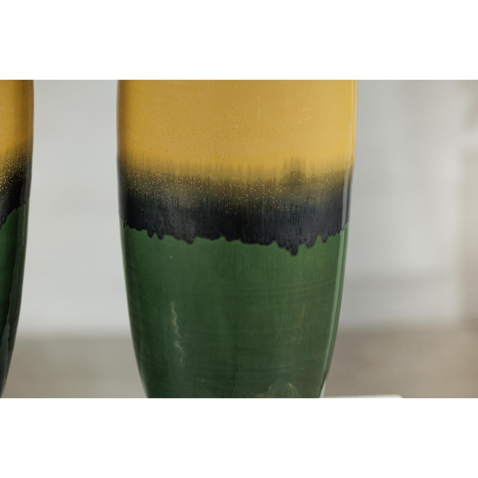 Pair of Tall Artisan Ceramic Vases with Mustard, Black, and Deep Green Glaze-10. Asian &amp; Chinese Furniture, Art, Antiques, Vintage Home Décor for sale at FEA Home