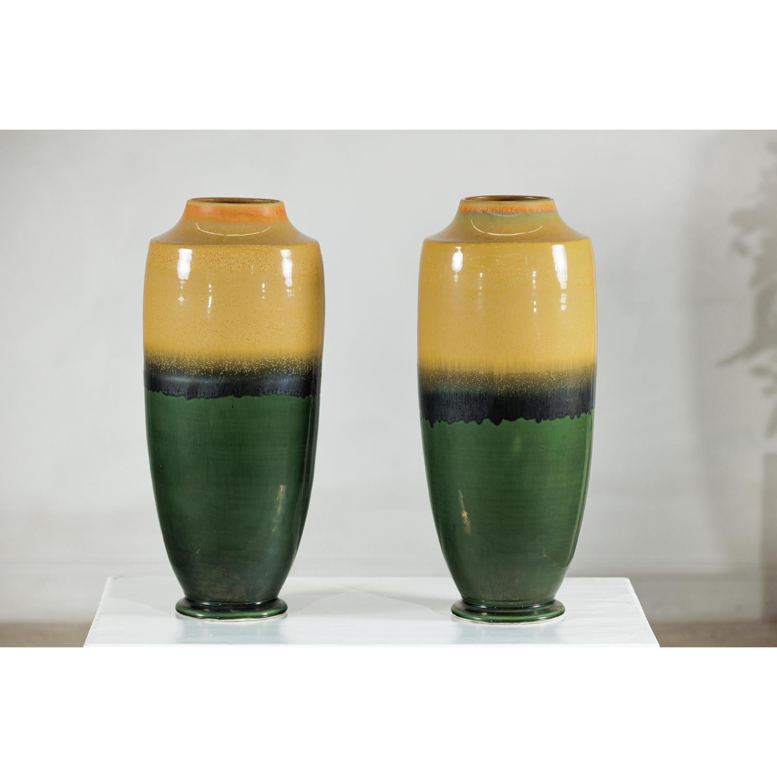 Pair of Tall Artisan Ceramic Vases with Mustard, Black, and Deep Green Glaze-12. Asian &amp; Chinese Furniture, Art, Antiques, Vintage Home Décor for sale at FEA Home