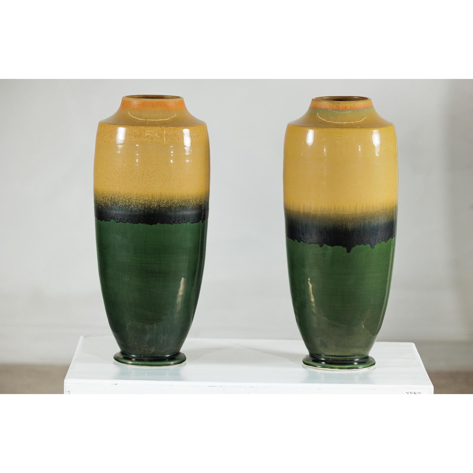 Pair of Tall Artisan Ceramic Vases with Mustard, Black, and Deep Green Glaze-13. Asian &amp; Chinese Furniture, Art, Antiques, Vintage Home Décor for sale at FEA Home