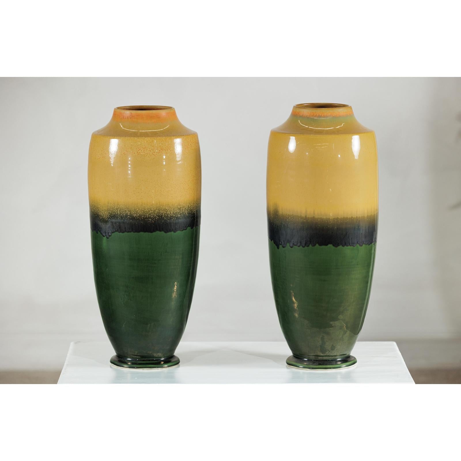 Pair of Tall Artisan Ceramic Vases with Mustard, Black, and Deep Green Glaze-14. Asian &amp; Chinese Furniture, Art, Antiques, Vintage Home Décor for sale at FEA Home